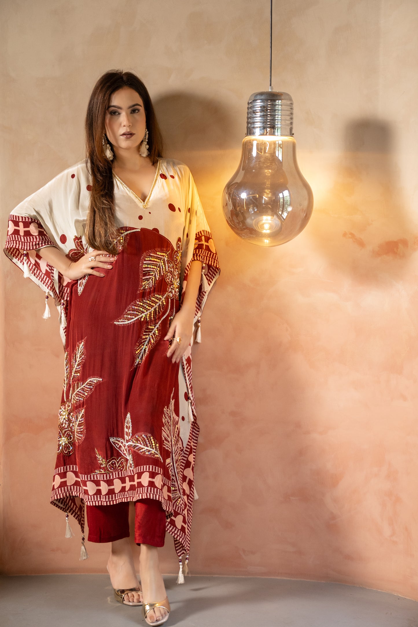 Ivory & Rust Embroidered Long Kaftaan Set