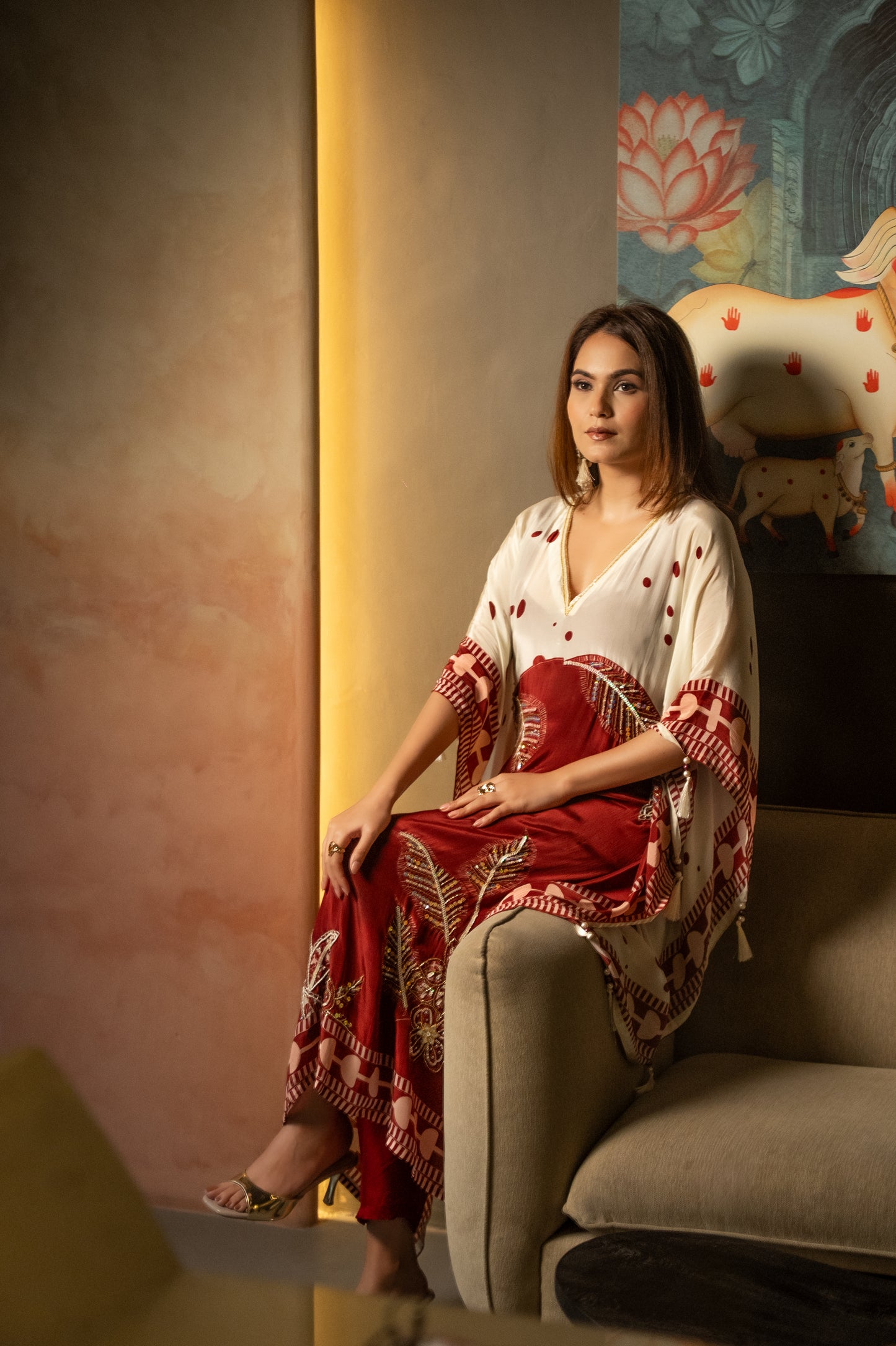 Ivory & Rust Embroidered Long Kaftaan Set