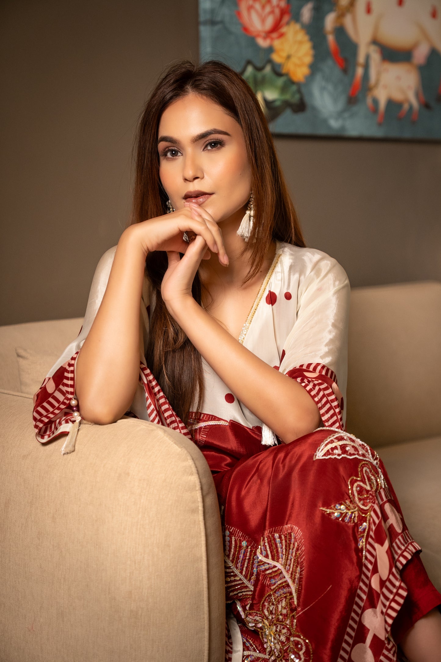 Ivory & Rust Embroidered Long Kaftaan Set