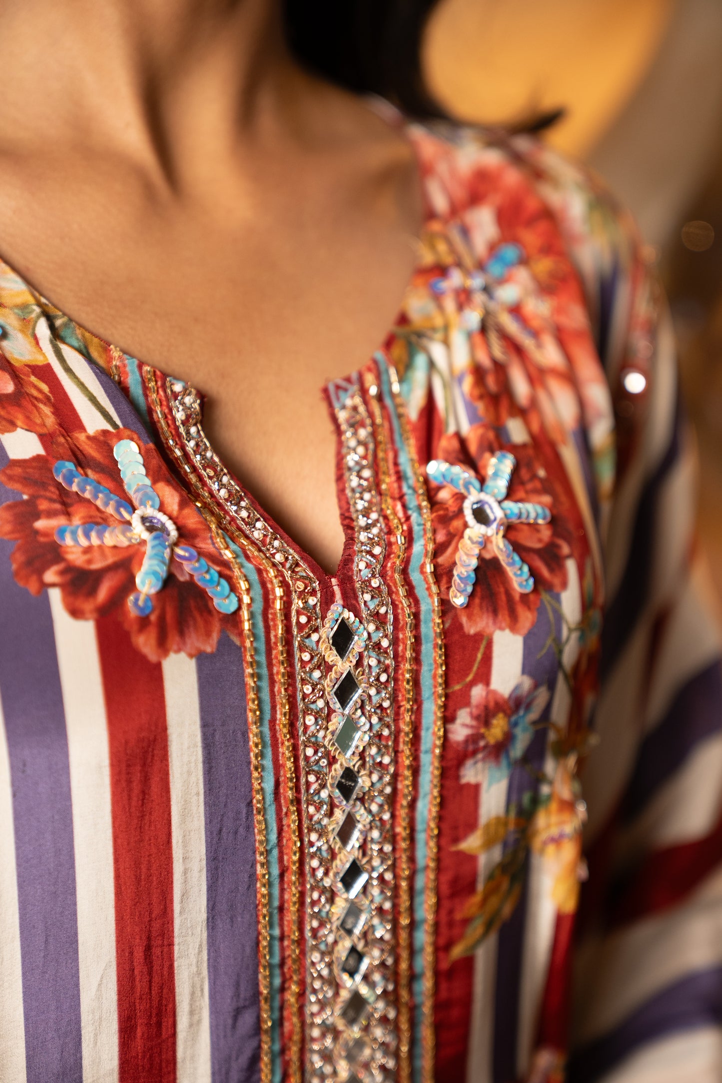 Striped Floral Long Kaftaan Set