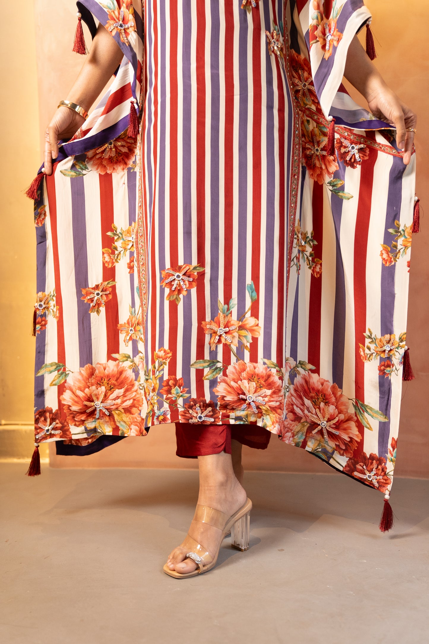 Striped Floral Long Kaftaan Set