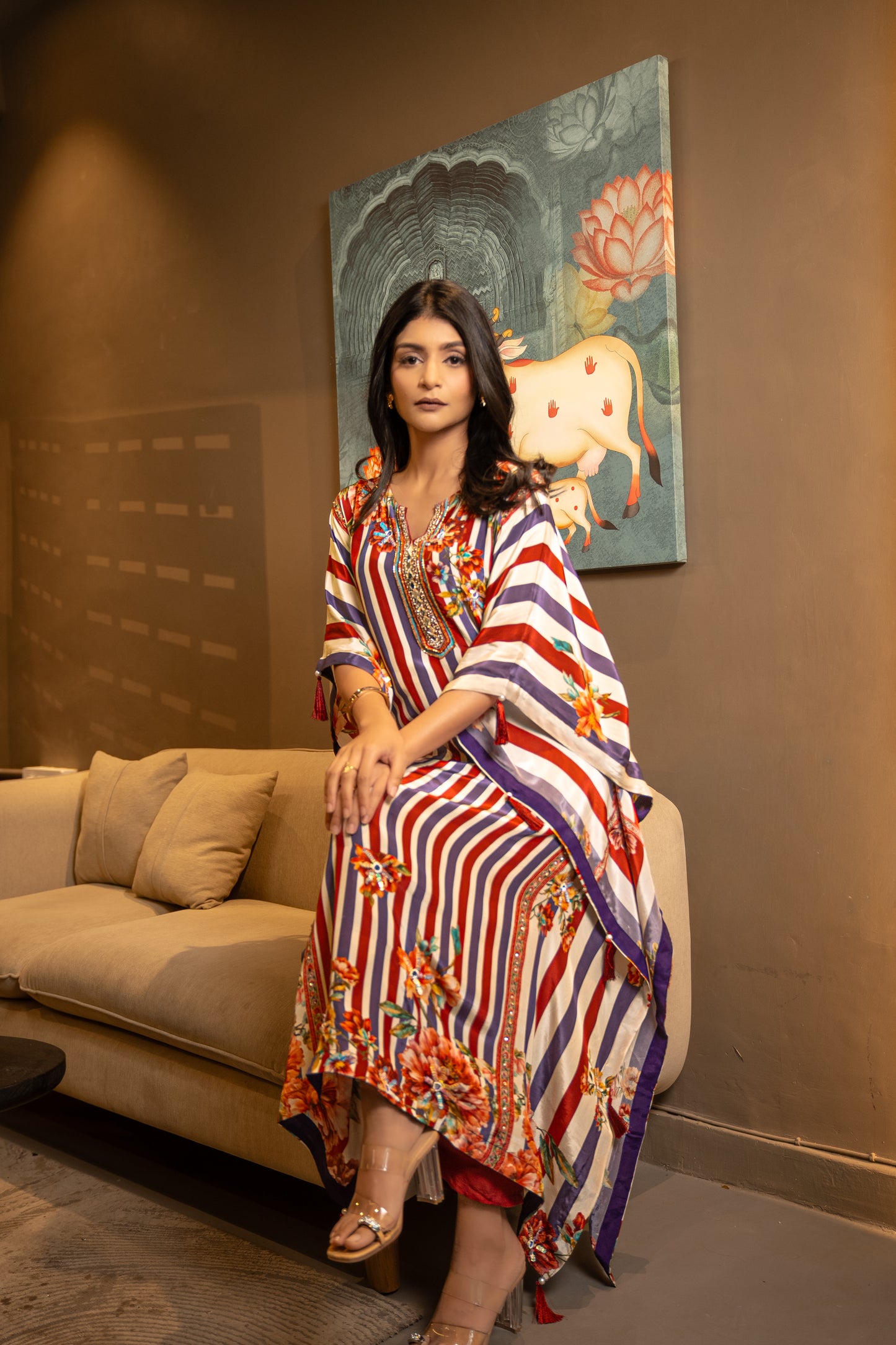 Striped Floral Long Kaftaan Set
