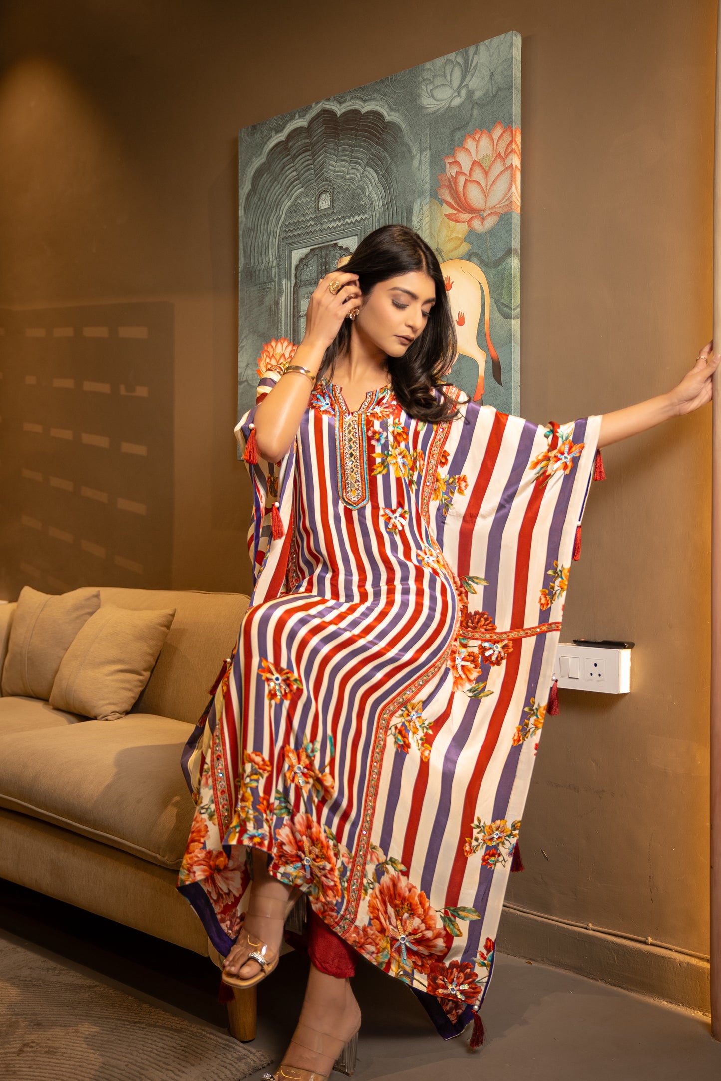 Striped Floral Long Kaftaan Set
