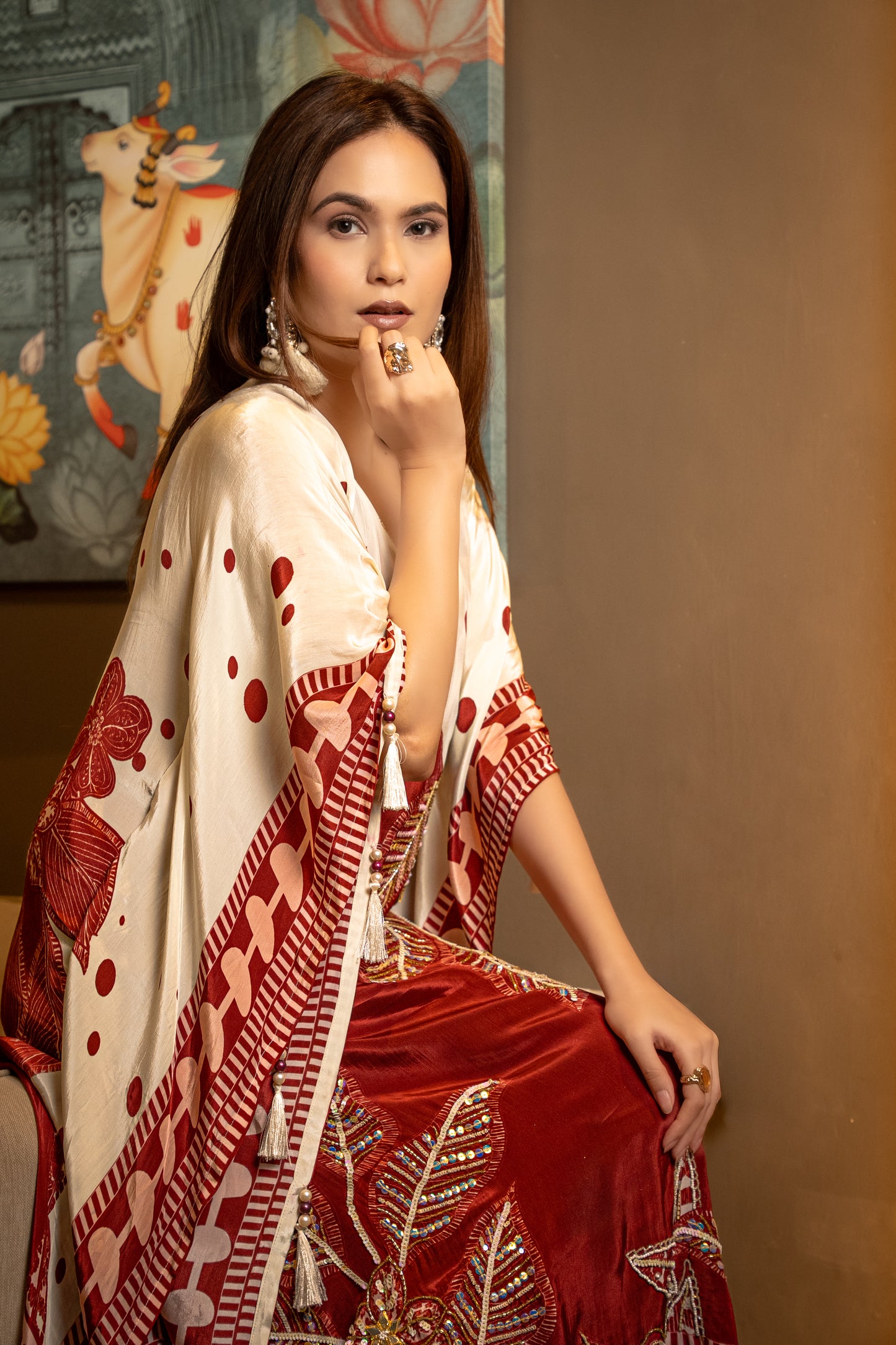 Ivory & Rust Embroidered Long Kaftaan Set
