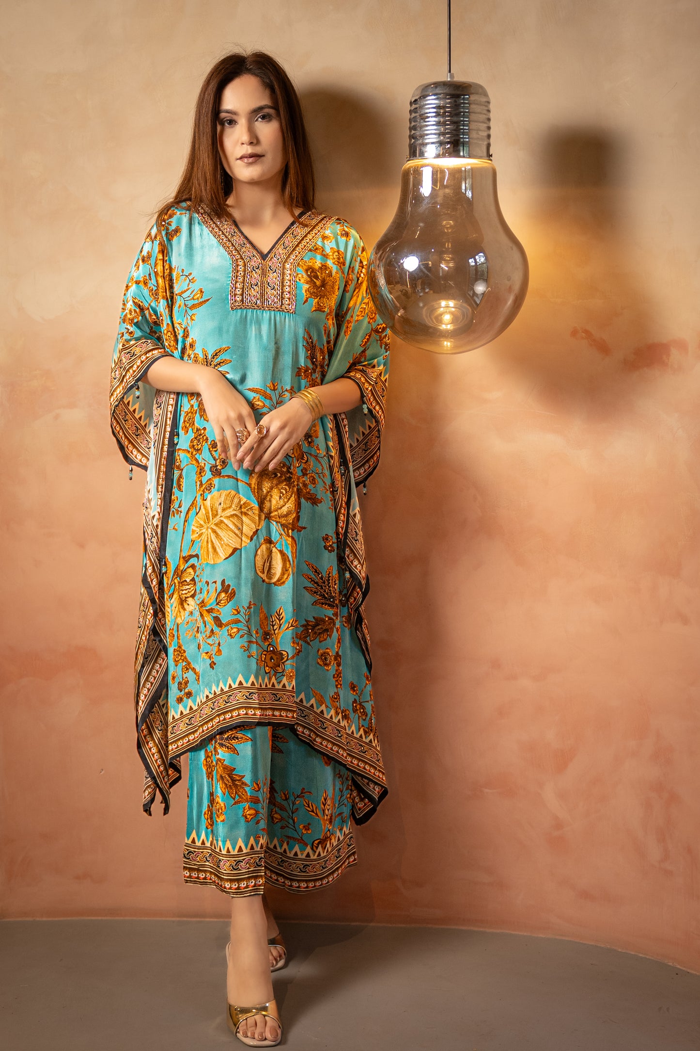 Blue Printed Kaftaan Set With Embroidered Neckline