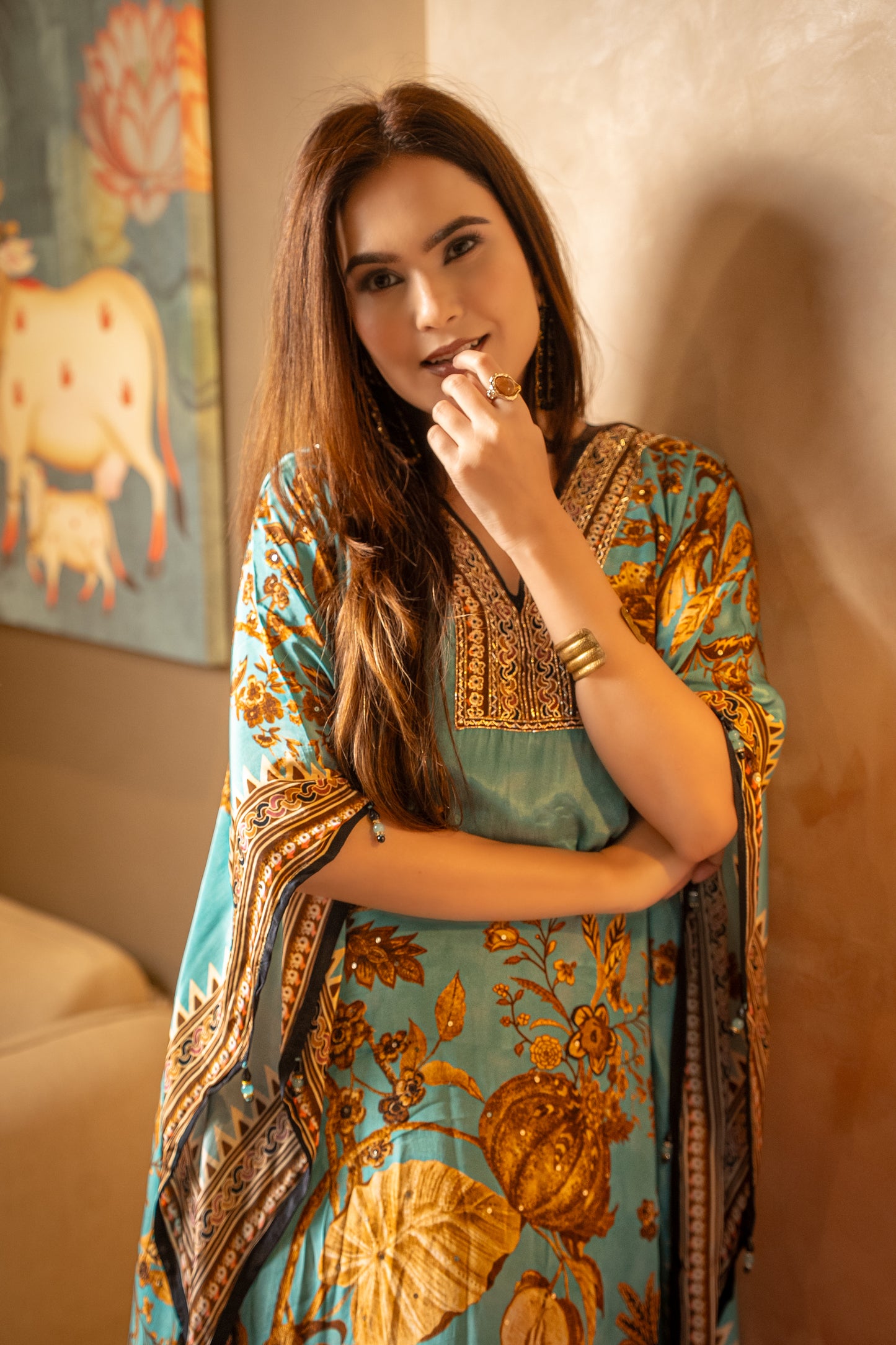 Blue Printed Kaftaan Set With Embroidered Neckline