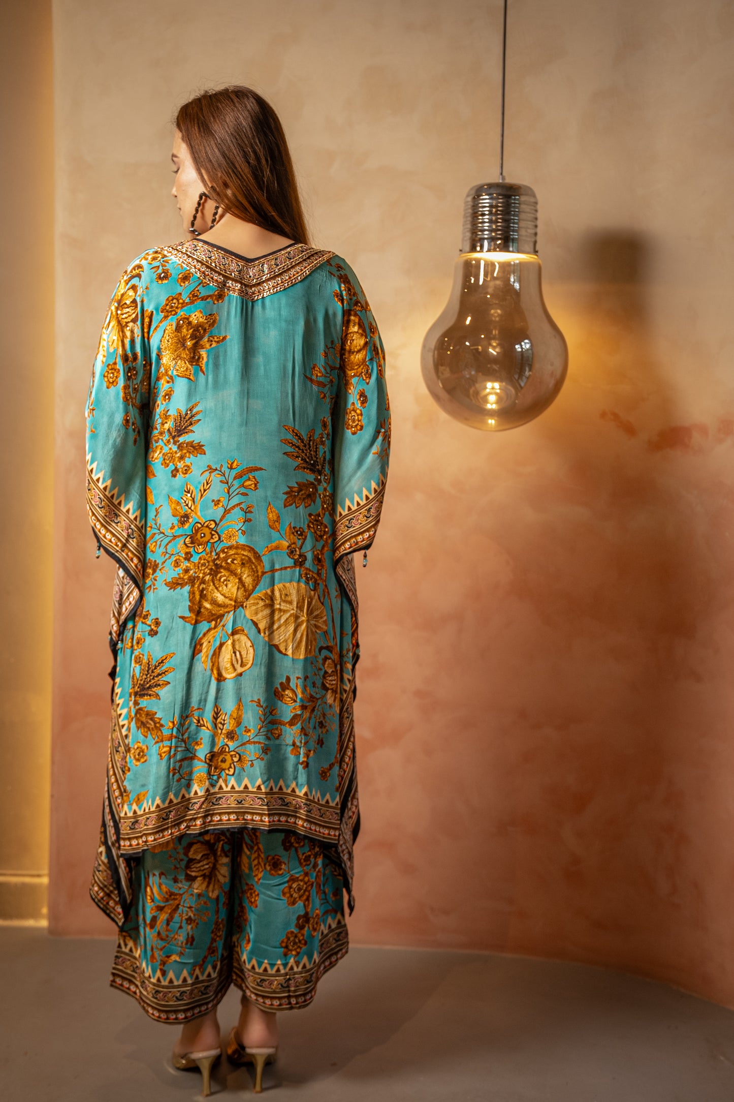 Blue Printed Kaftaan Set With Embroidered Neckline