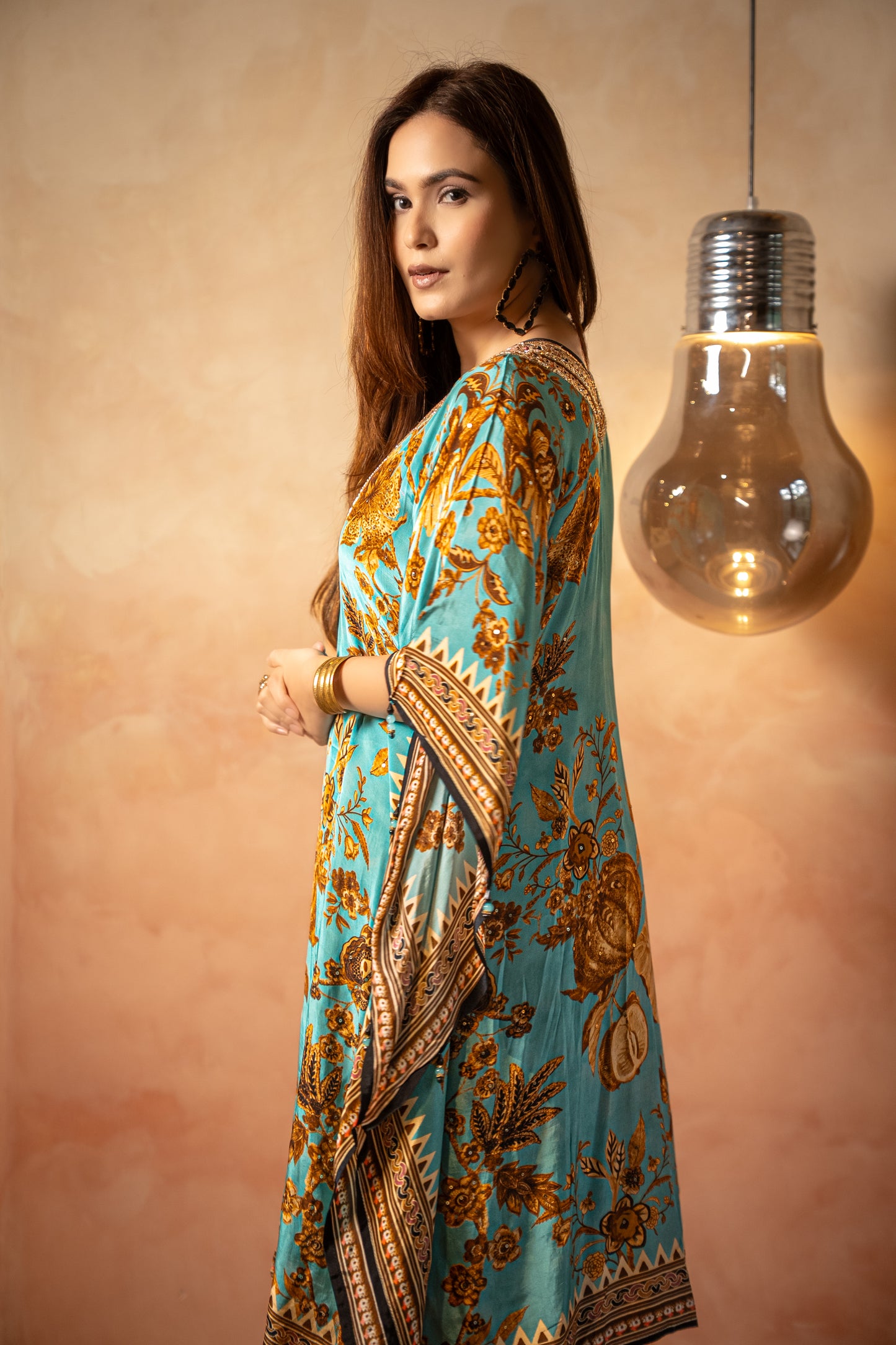 Blue Printed Kaftaan Set With Embroidered Neckline
