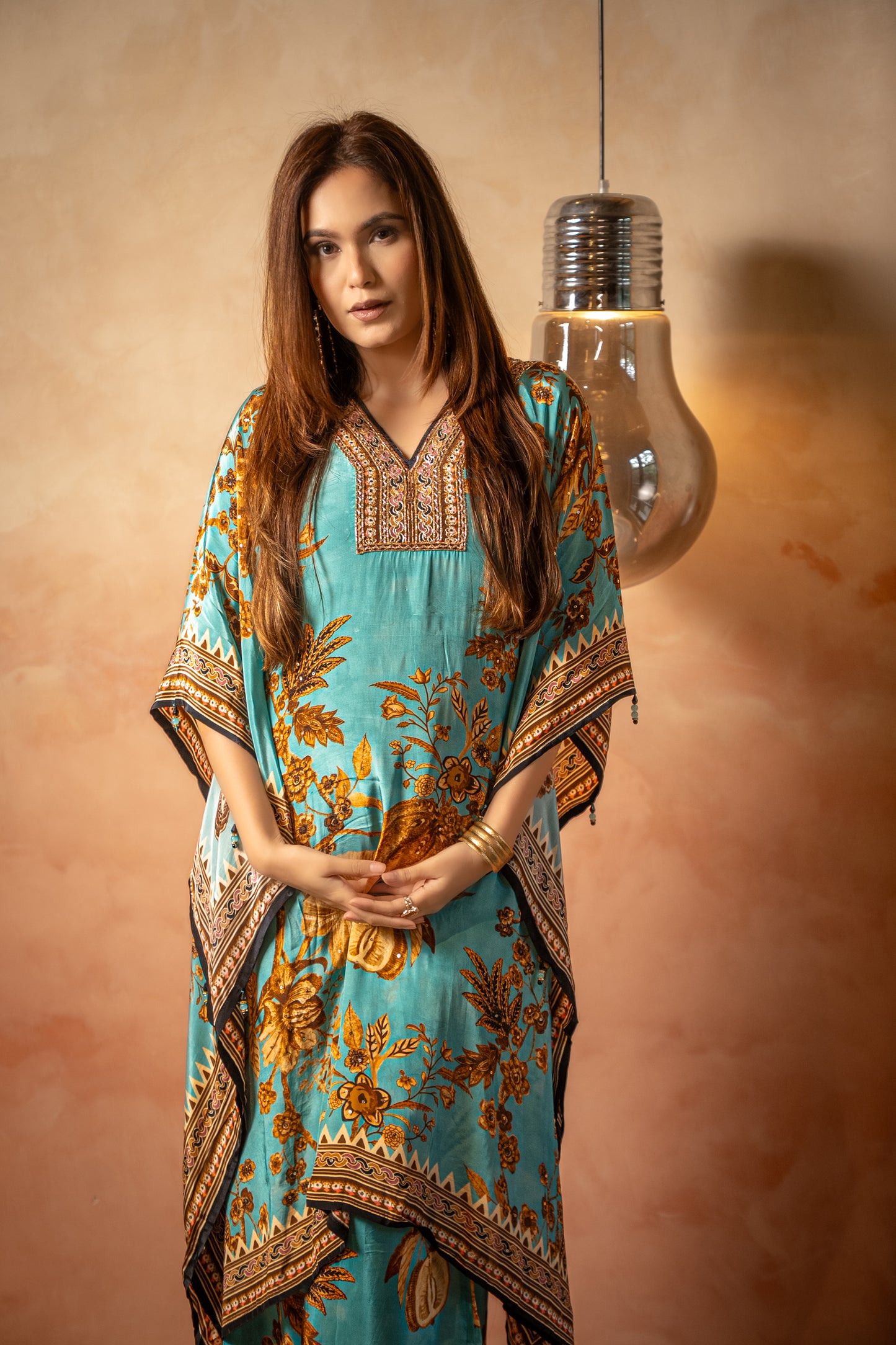 Blue Printed Kaftaan Set With Embroidered Neckline