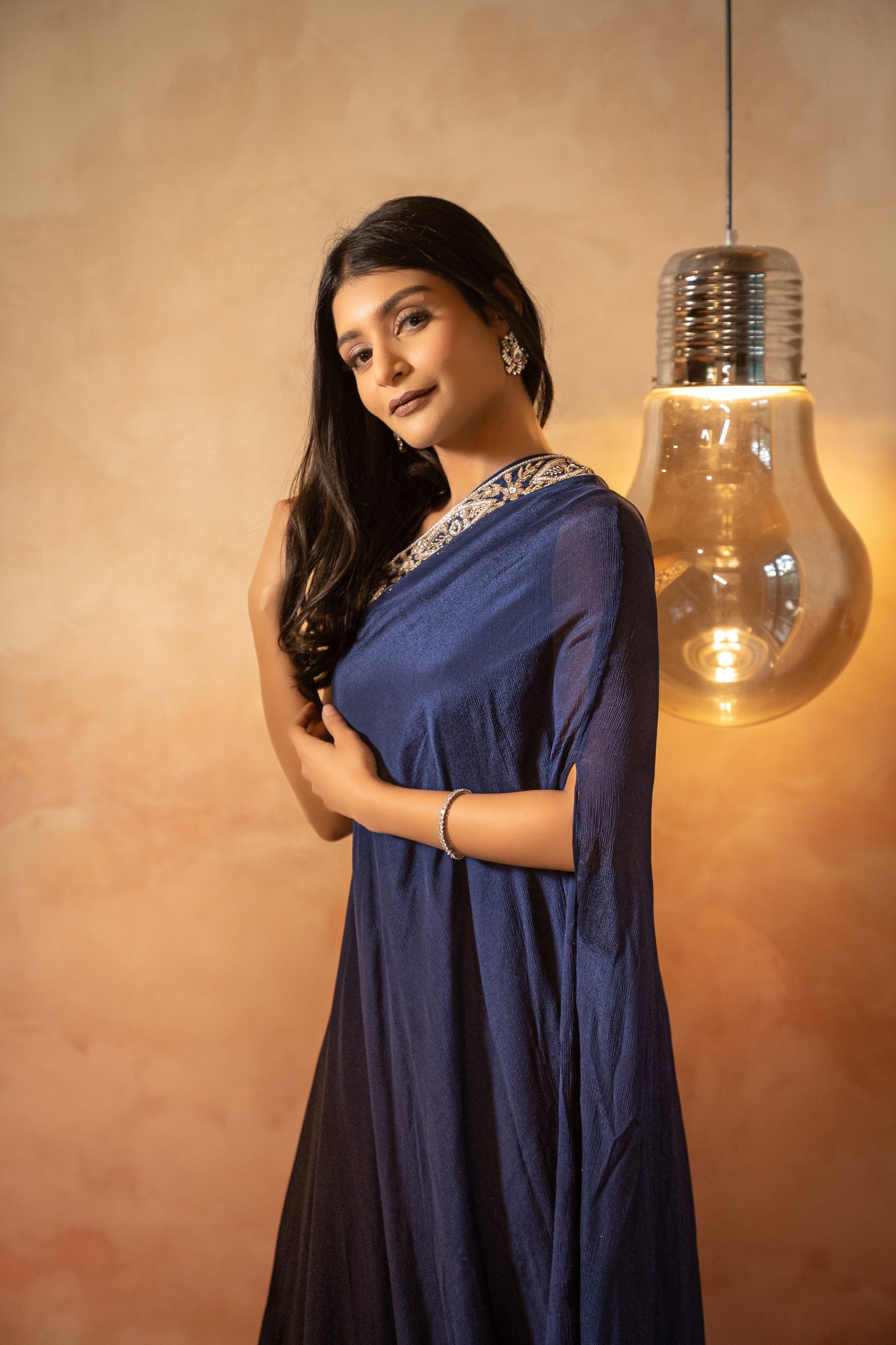 Midnight Blue Kaftaan Dress with Hand-Embroidered Neckline
