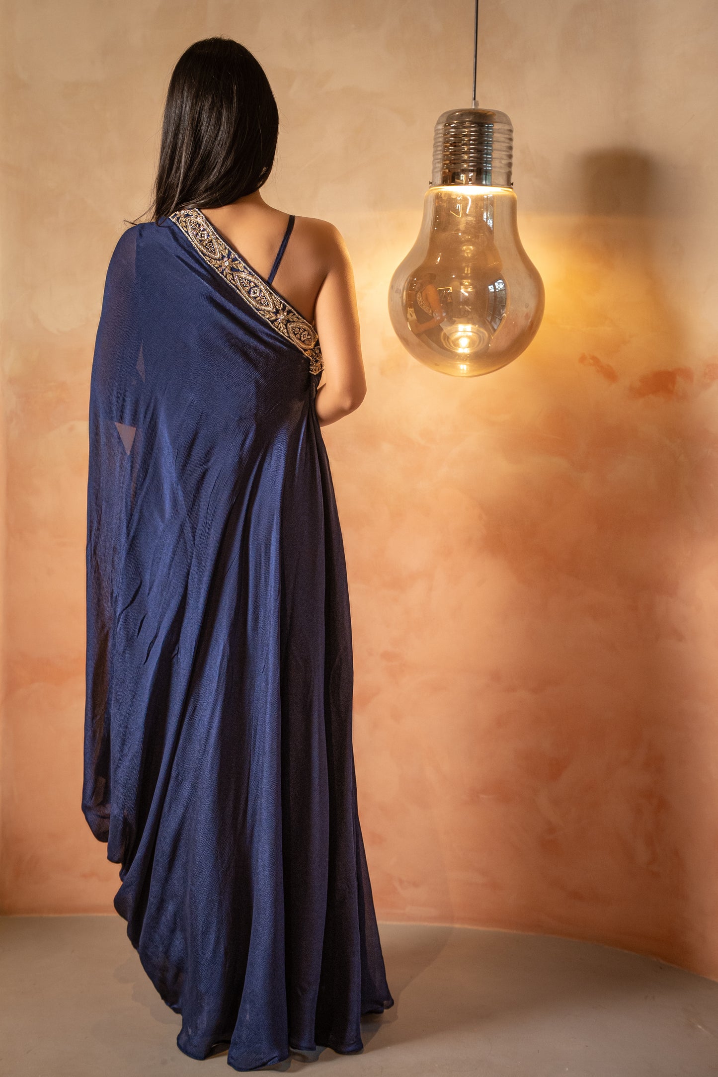 Midnight Blue Kaftaan Dress with Hand-Embroidered Neckline