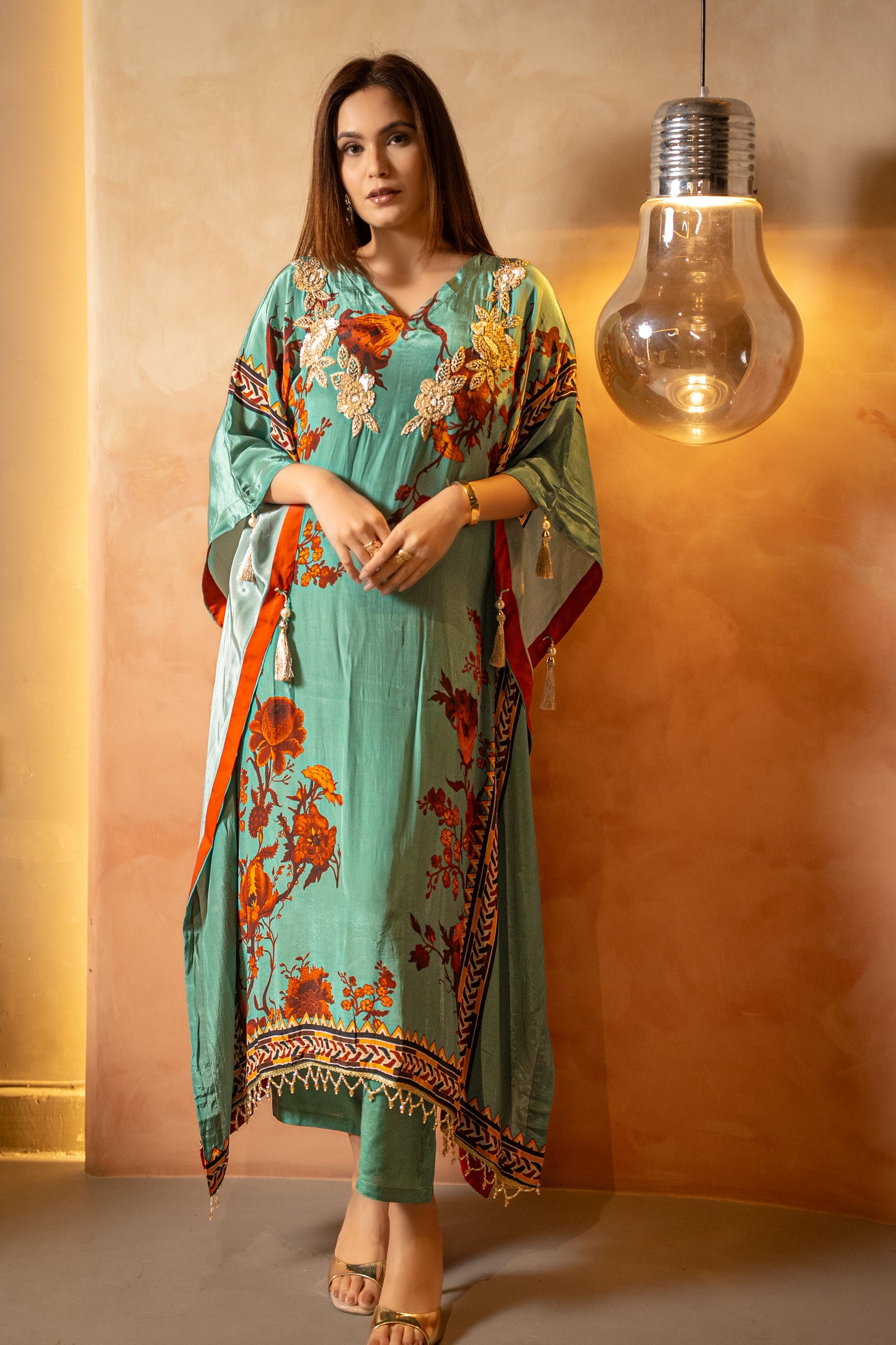 Green Floral Sequin Long Kaftaan Set