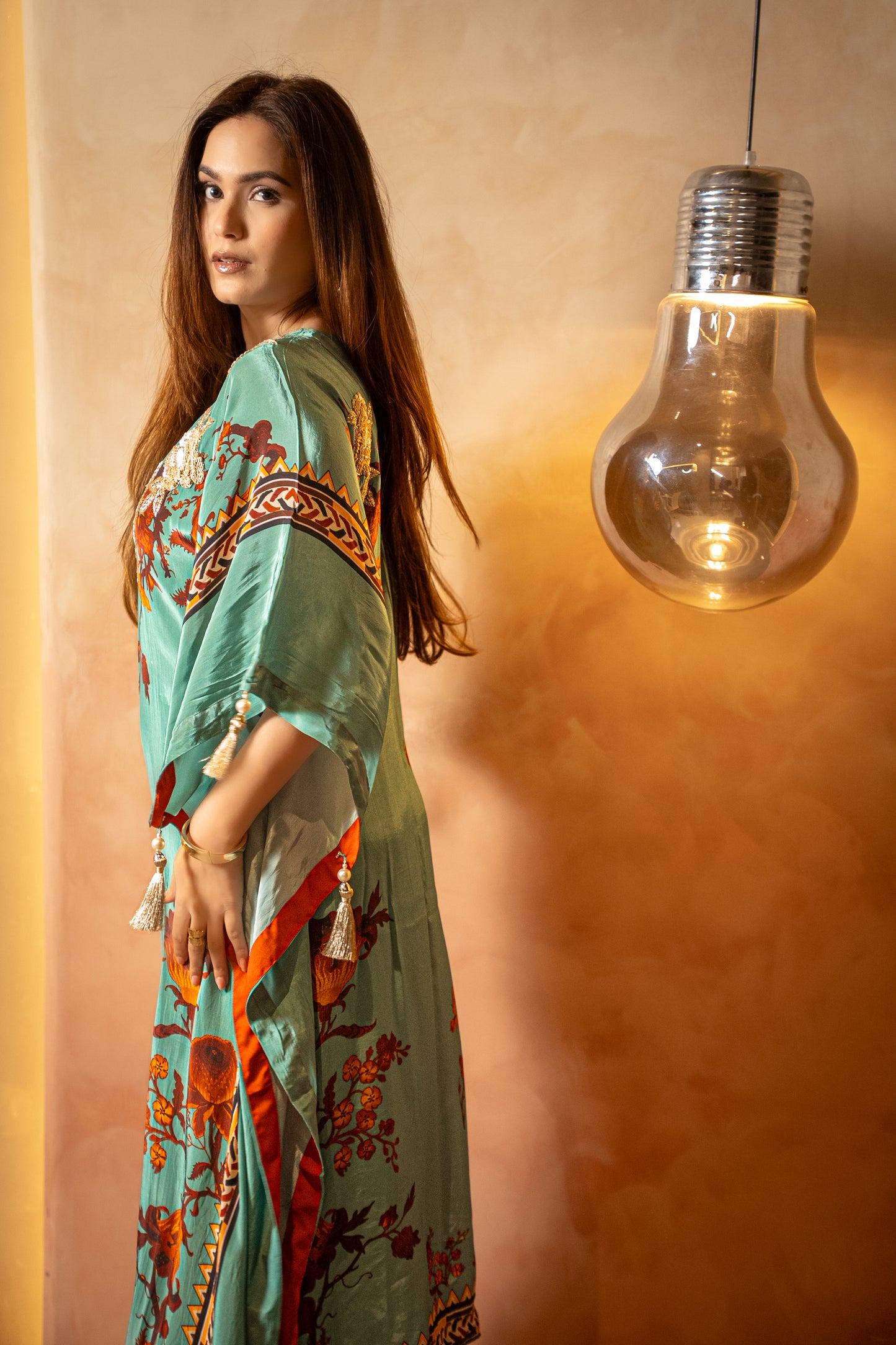 Green Floral Sequin Long Kaftaan Set