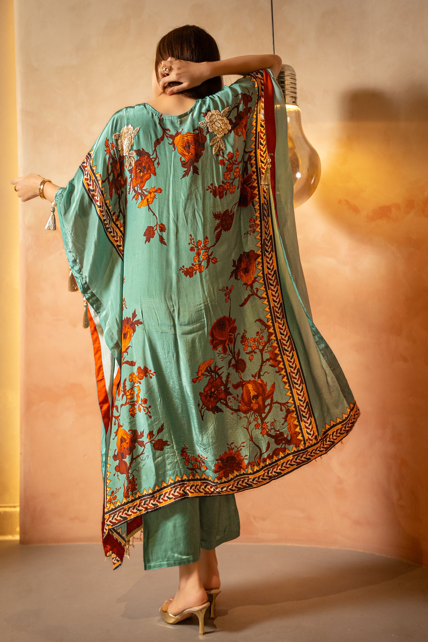 Green Floral Sequin Long Kaftaan Set
