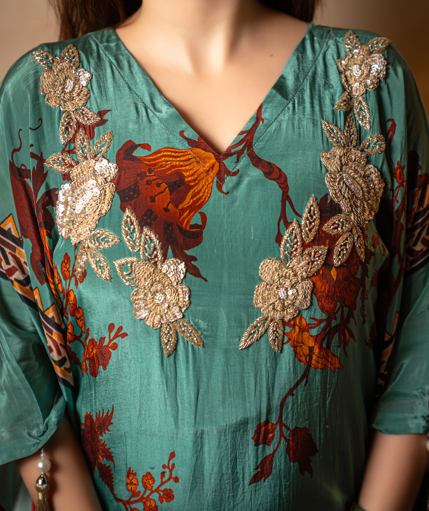 Green Floral Sequin Long Kaftaan Set
