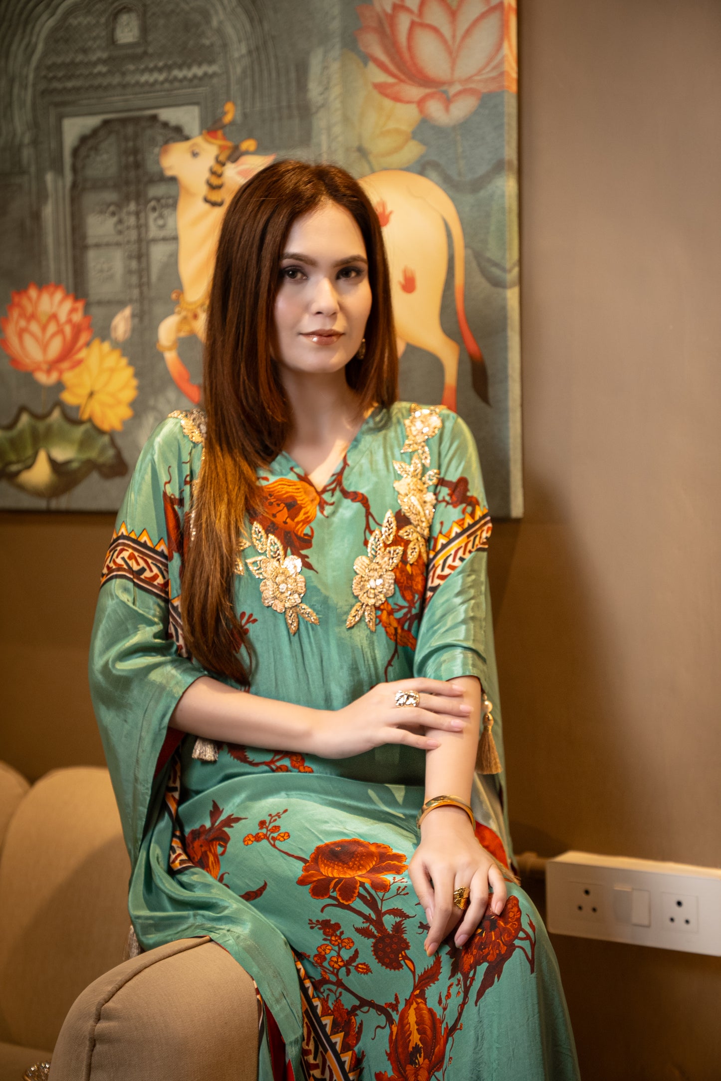 Green Floral Sequin Long Kaftaan Set