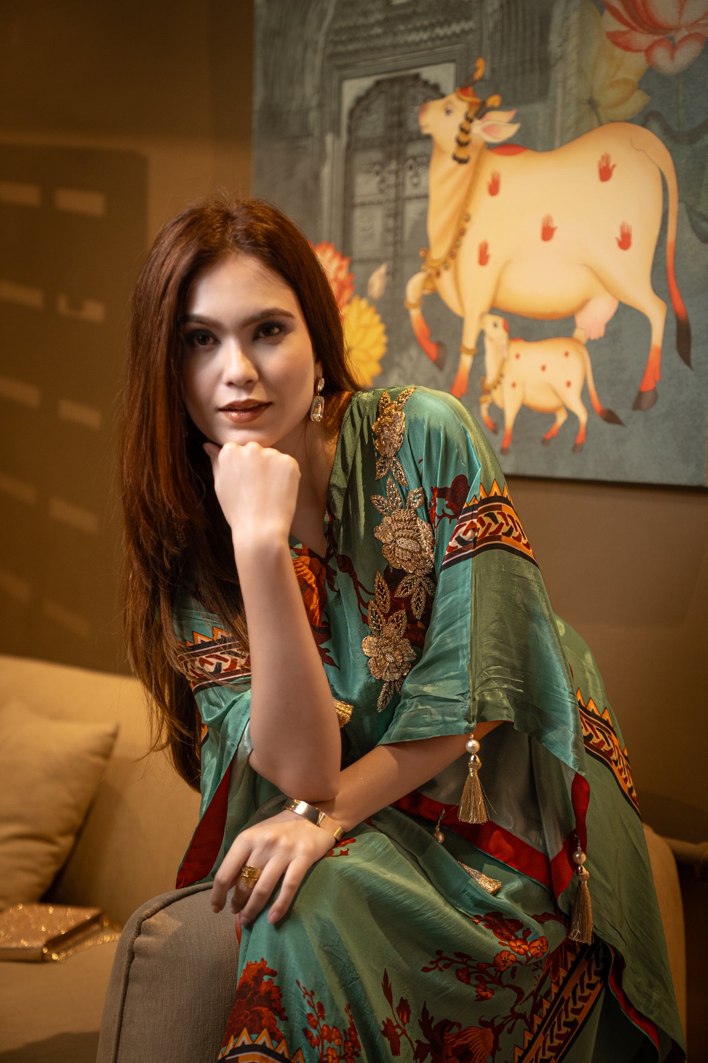 Green Floral Sequin Long Kaftaan Set