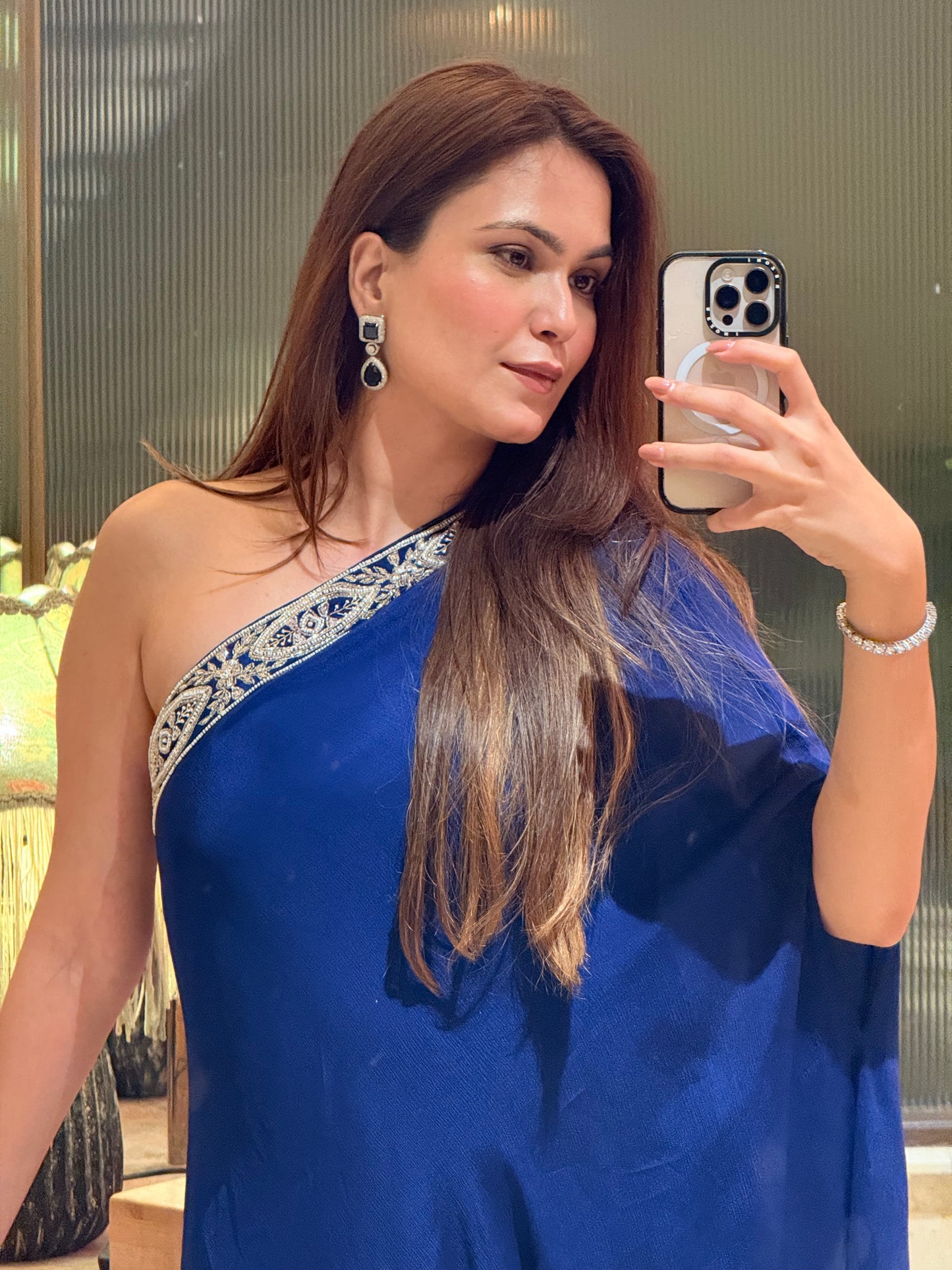 Midnight Blue Kaftaan Dress with Hand-Embroidered Neckline