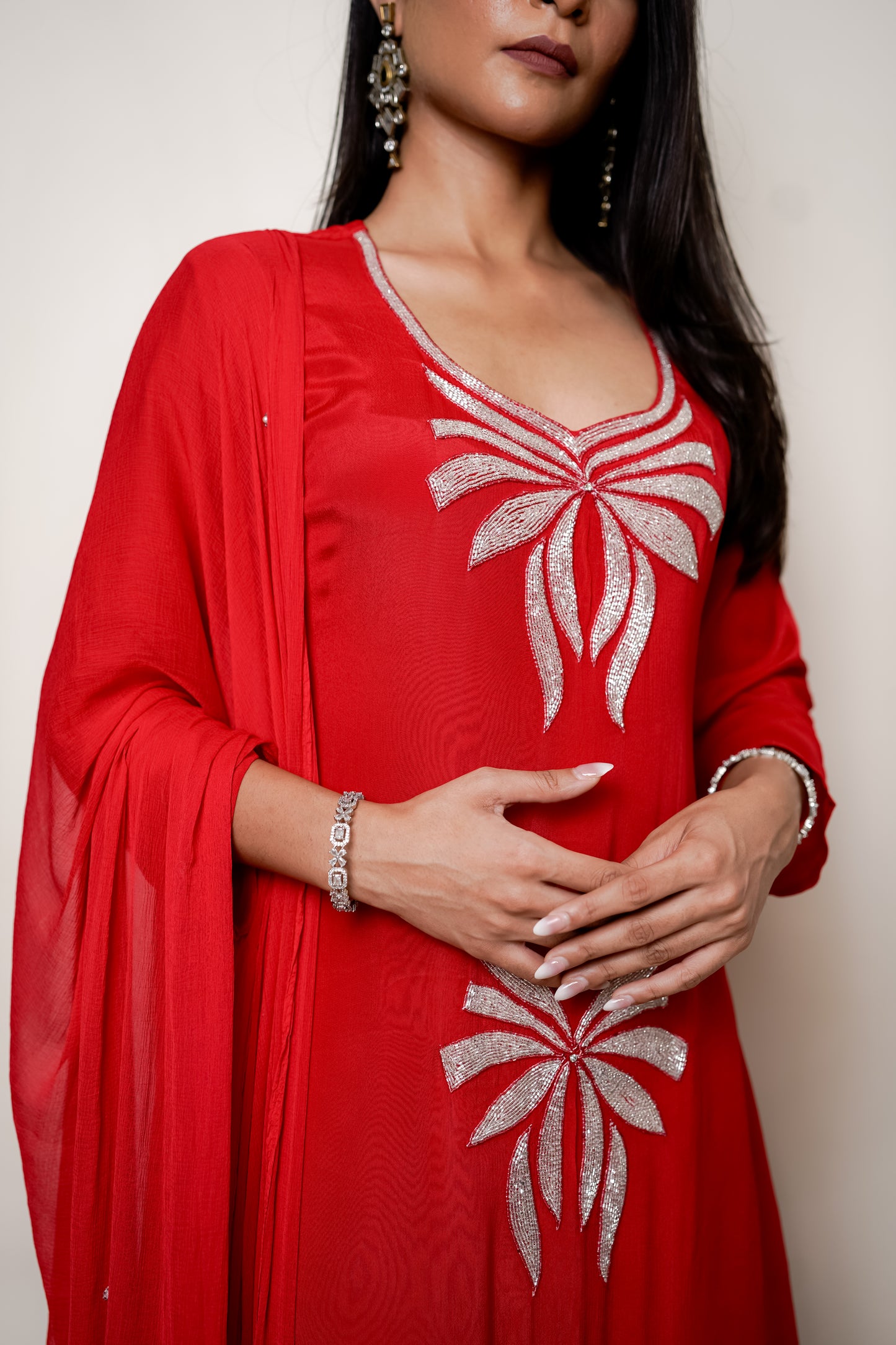 Red Suit With Floral Nalki Work