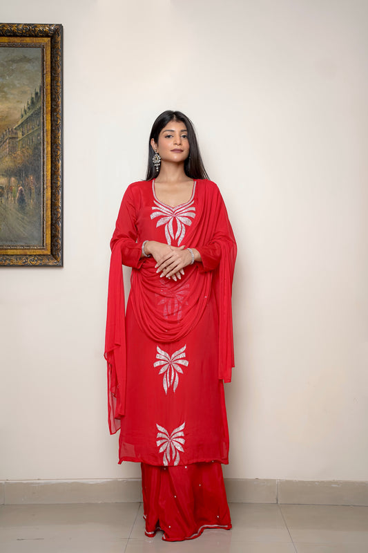 Red Suit With Floral Nalki Work