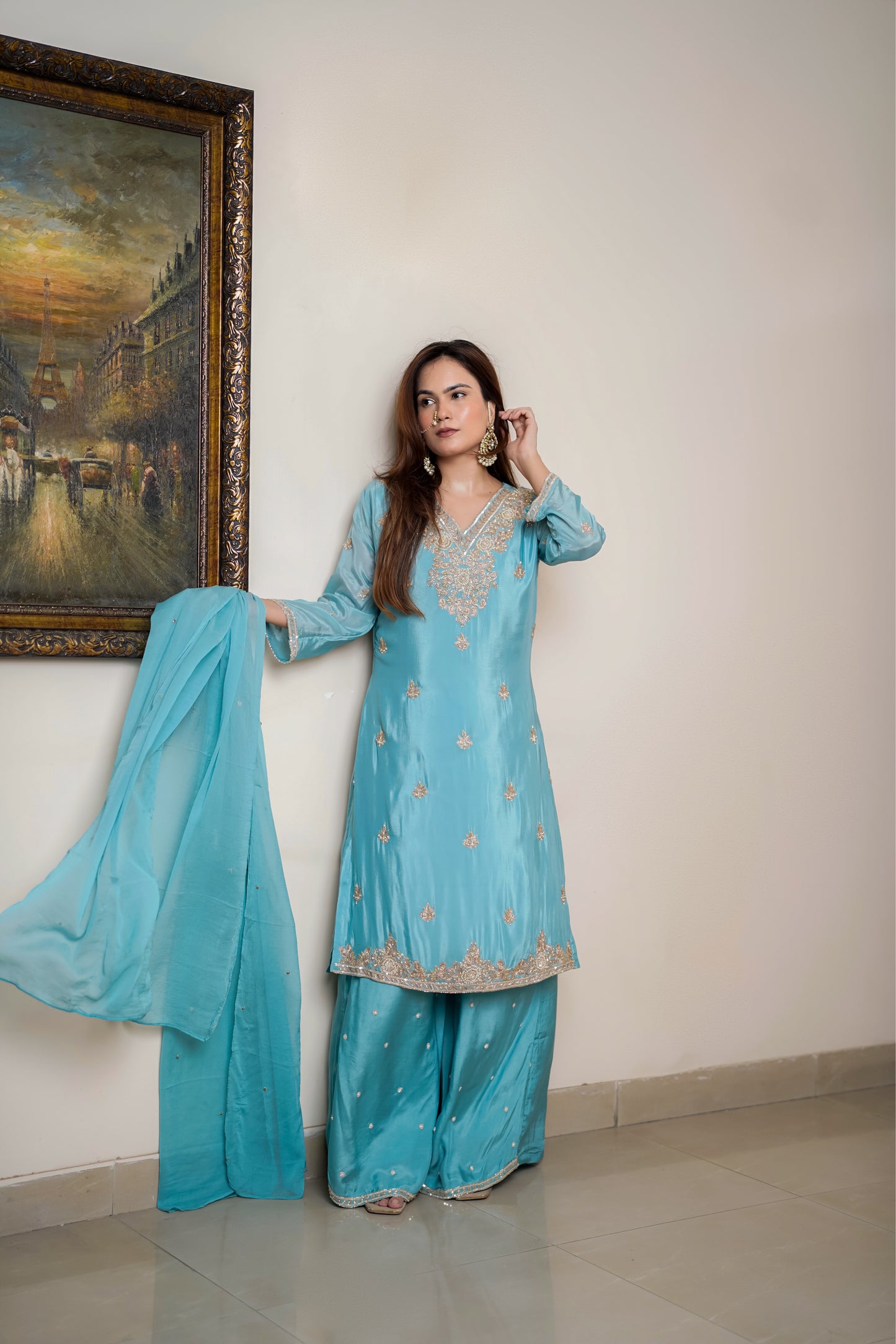 Powder Blue Suit With Hand Embroidery