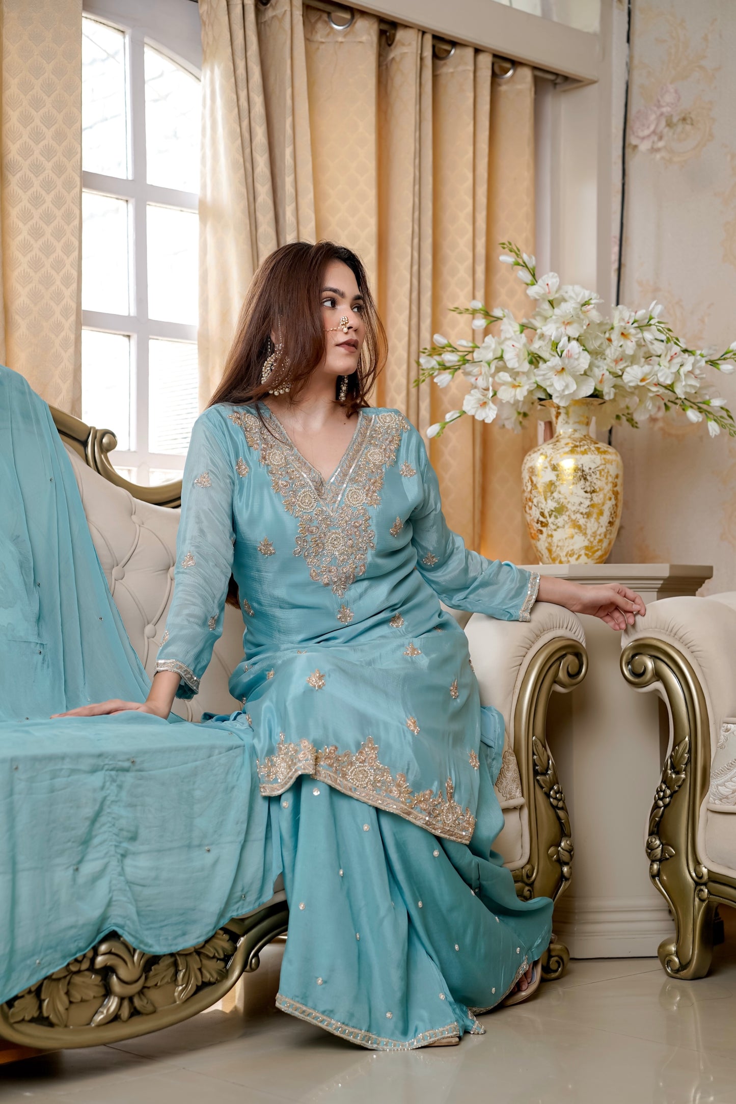 Powder Blue Suit With Hand Embroidery
