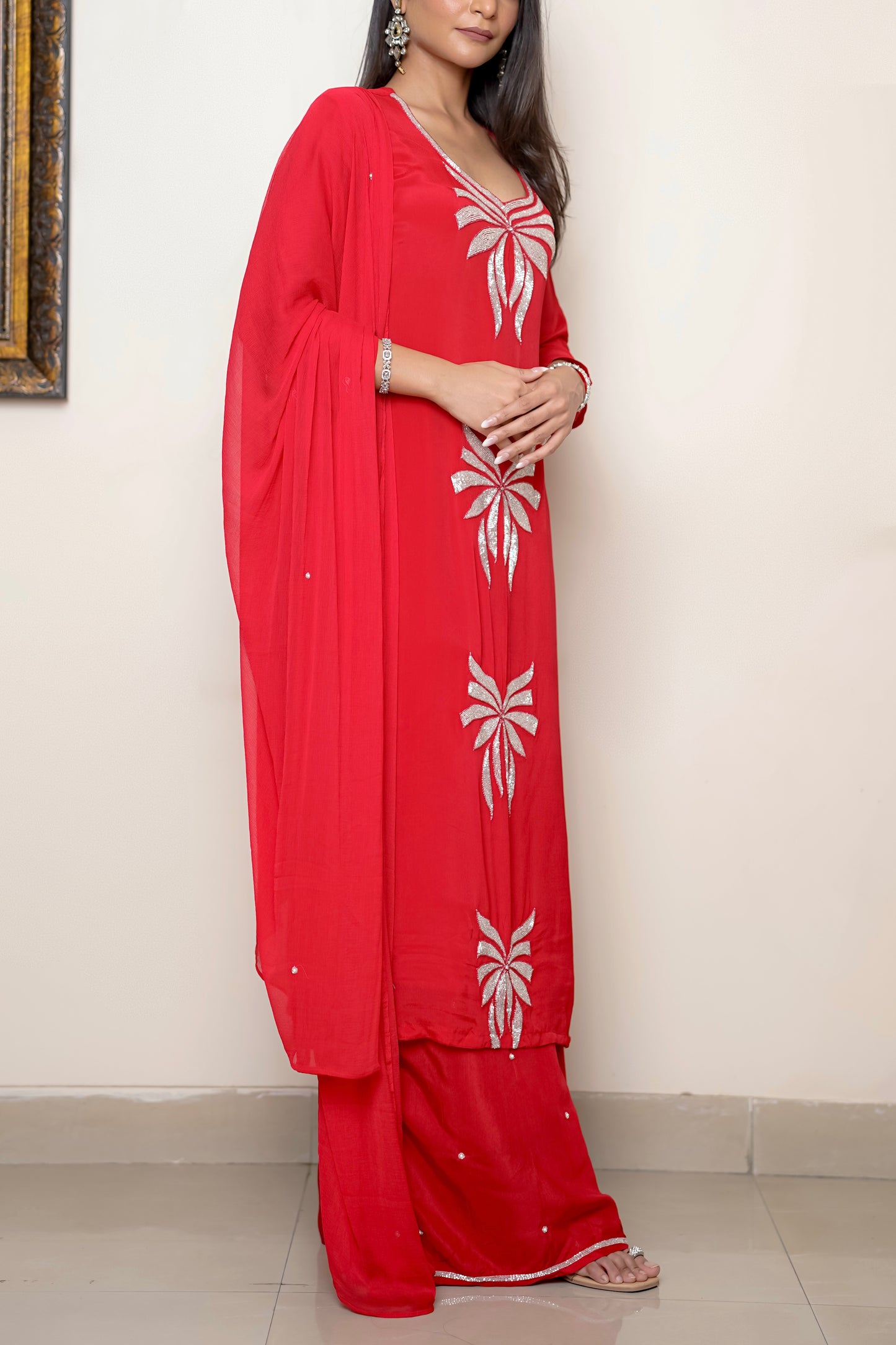 Red Suit With Floral Nalki Work