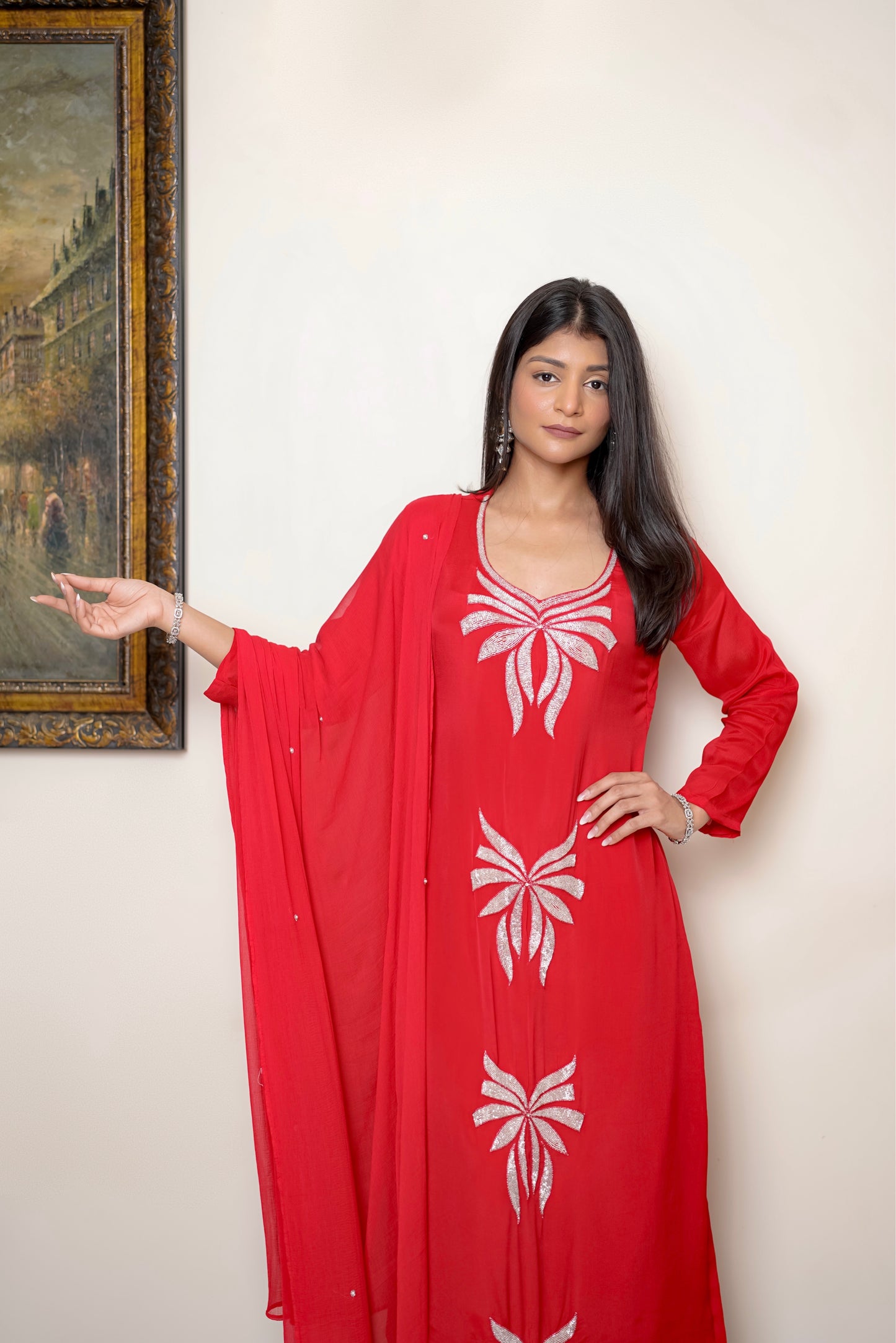 Red Suit With Floral Nalki Work