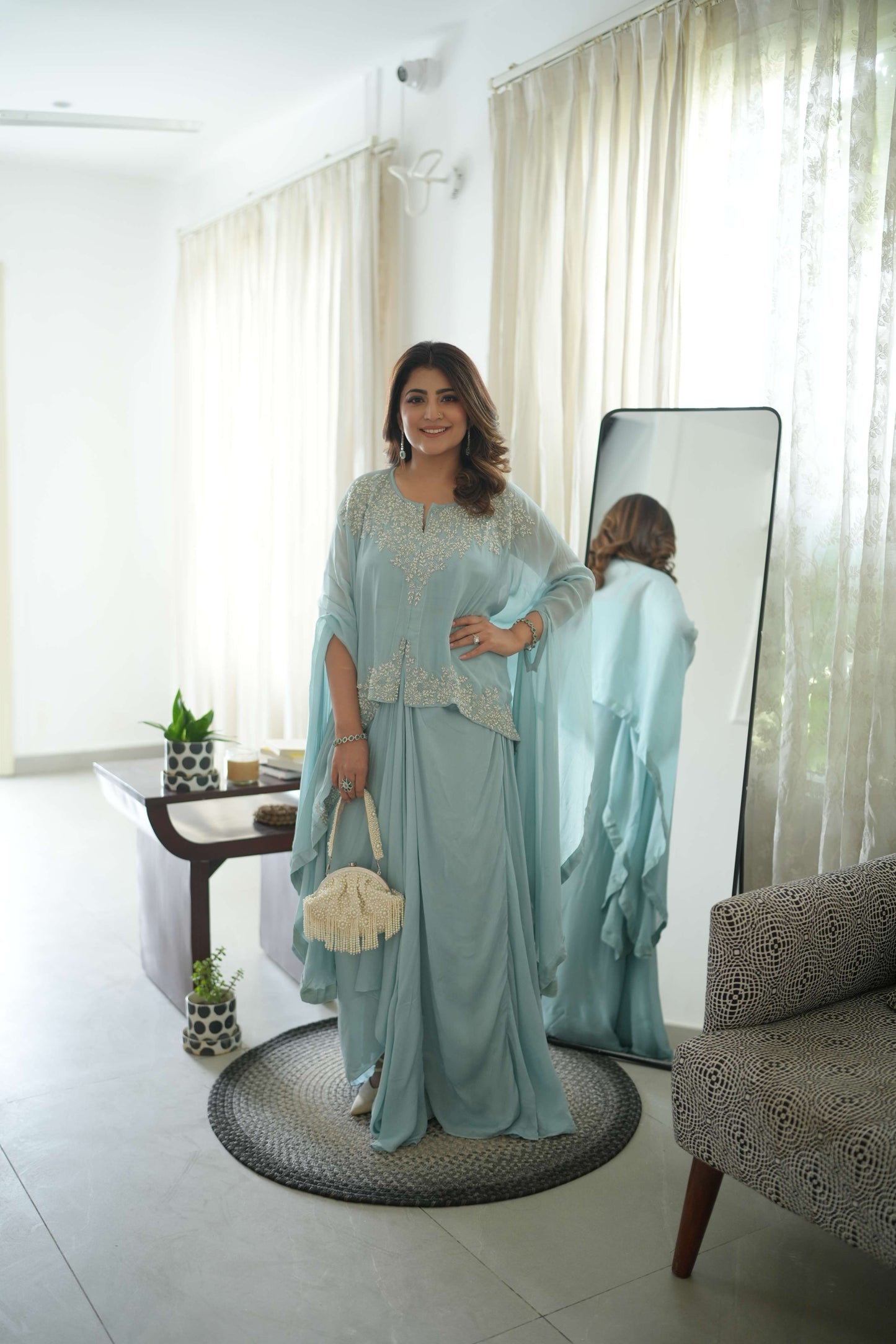 Powder Blue Fusion Set With Intricate Hand Embroidery In Chic Silhouette