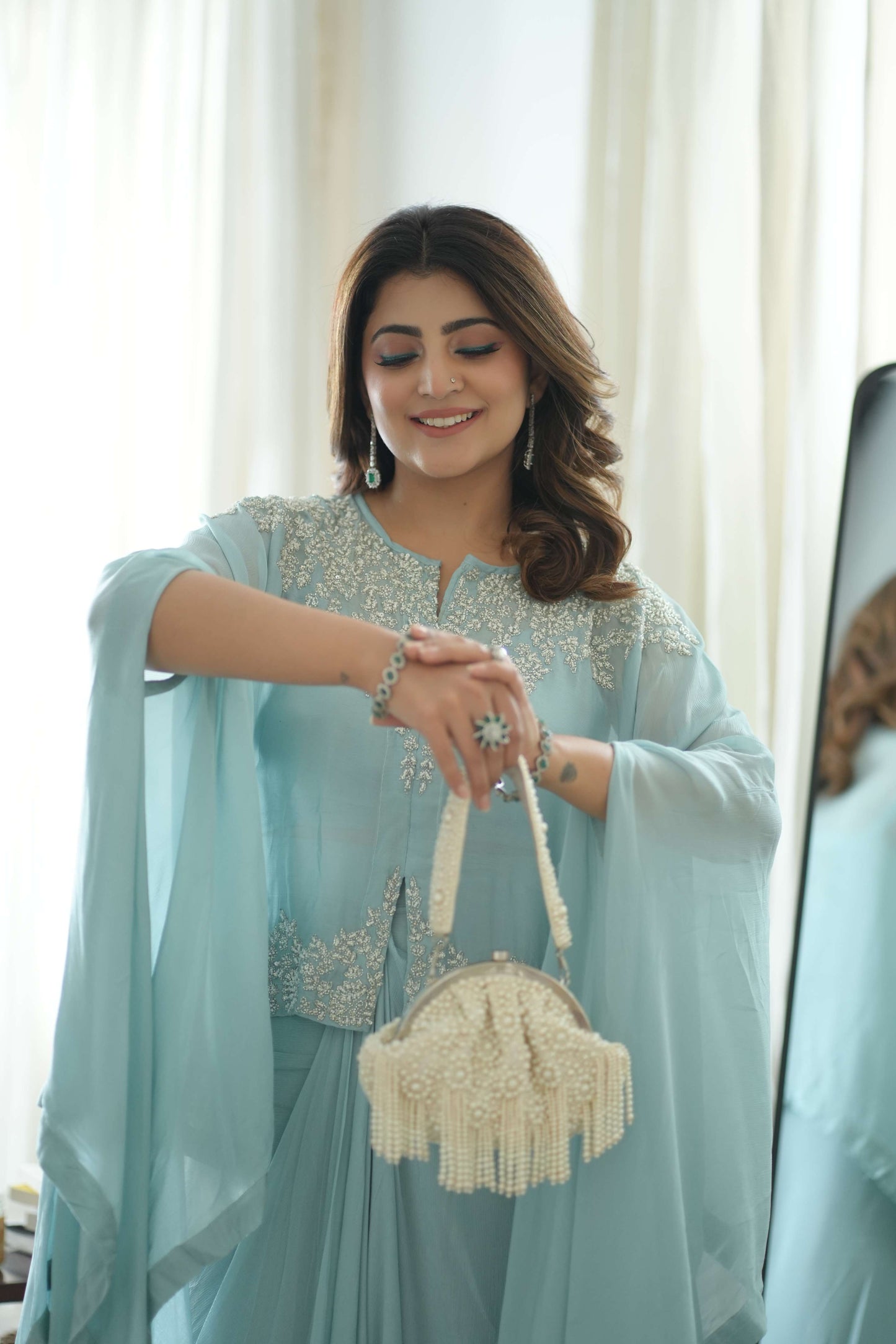 Powder Blue Fusion Set With Intricate Hand Embroidery In Chic Silhouette