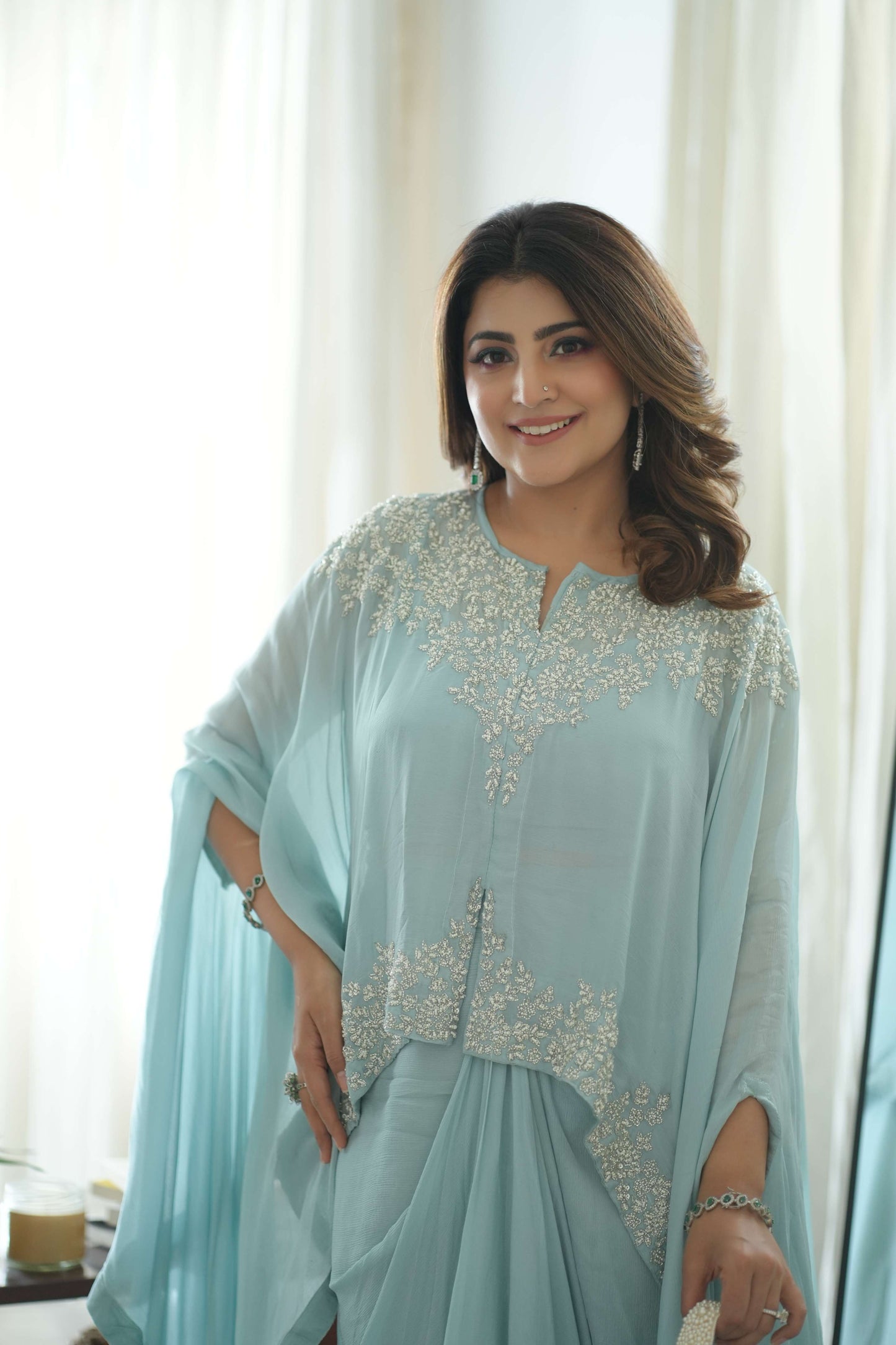 Powder Blue Fusion Set With Intricate Hand Embroidery In Chic Silhouette