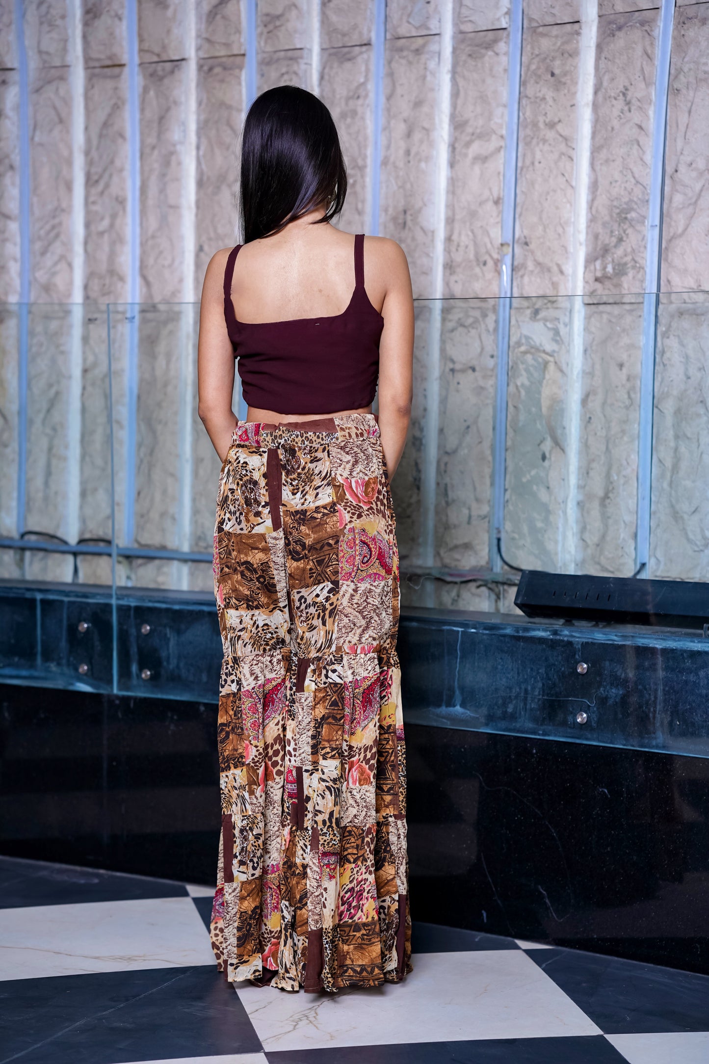 Printed Brown Sharara Set With Jacket