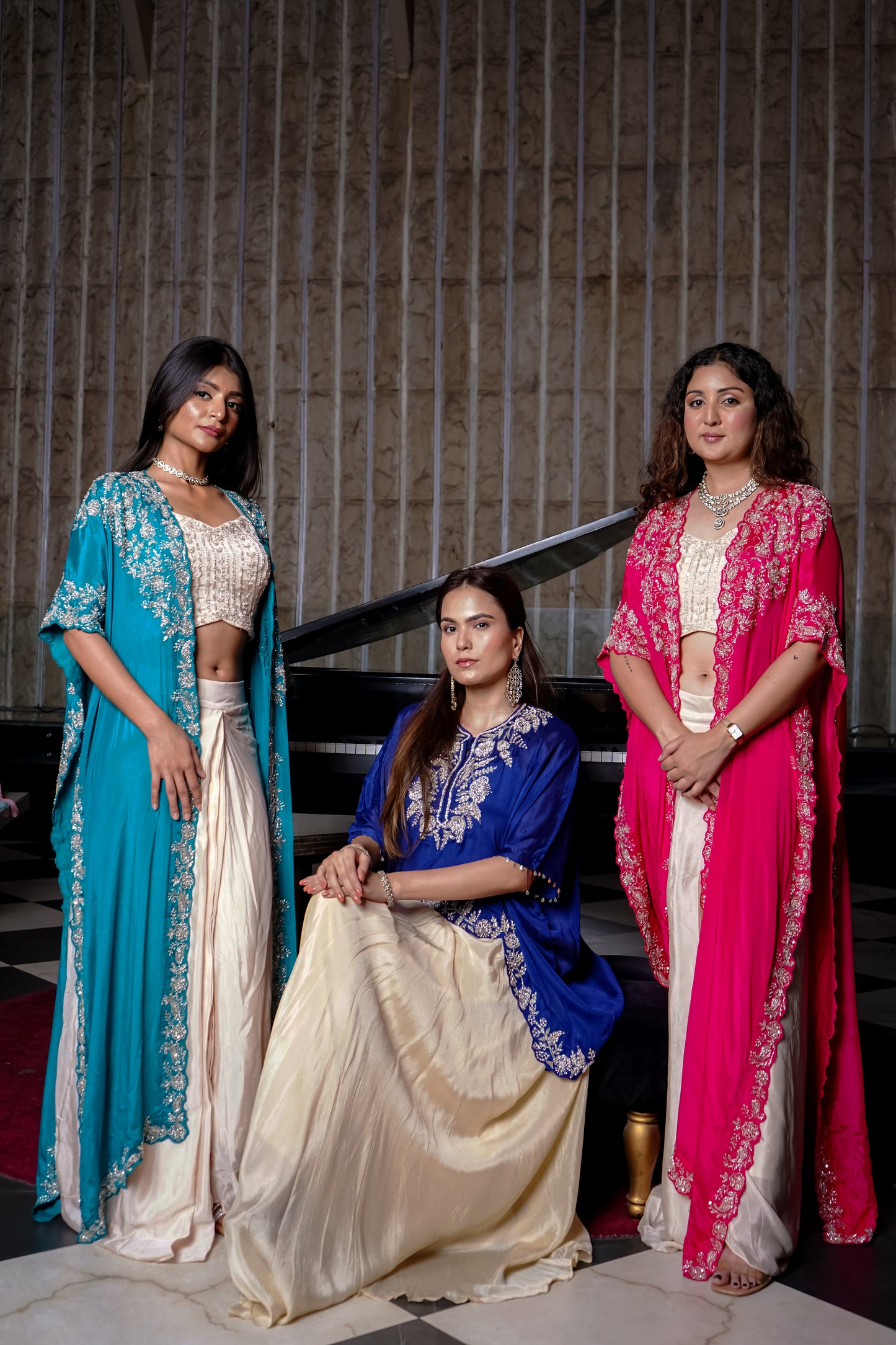 Fusion Set With Contrast Teal Cape with Heavy Hand Embroidery