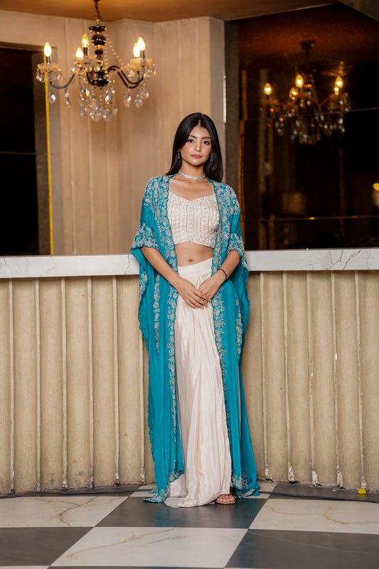 Fusion Set With Contrast Teal Cape with Heavy Hand Embroidery