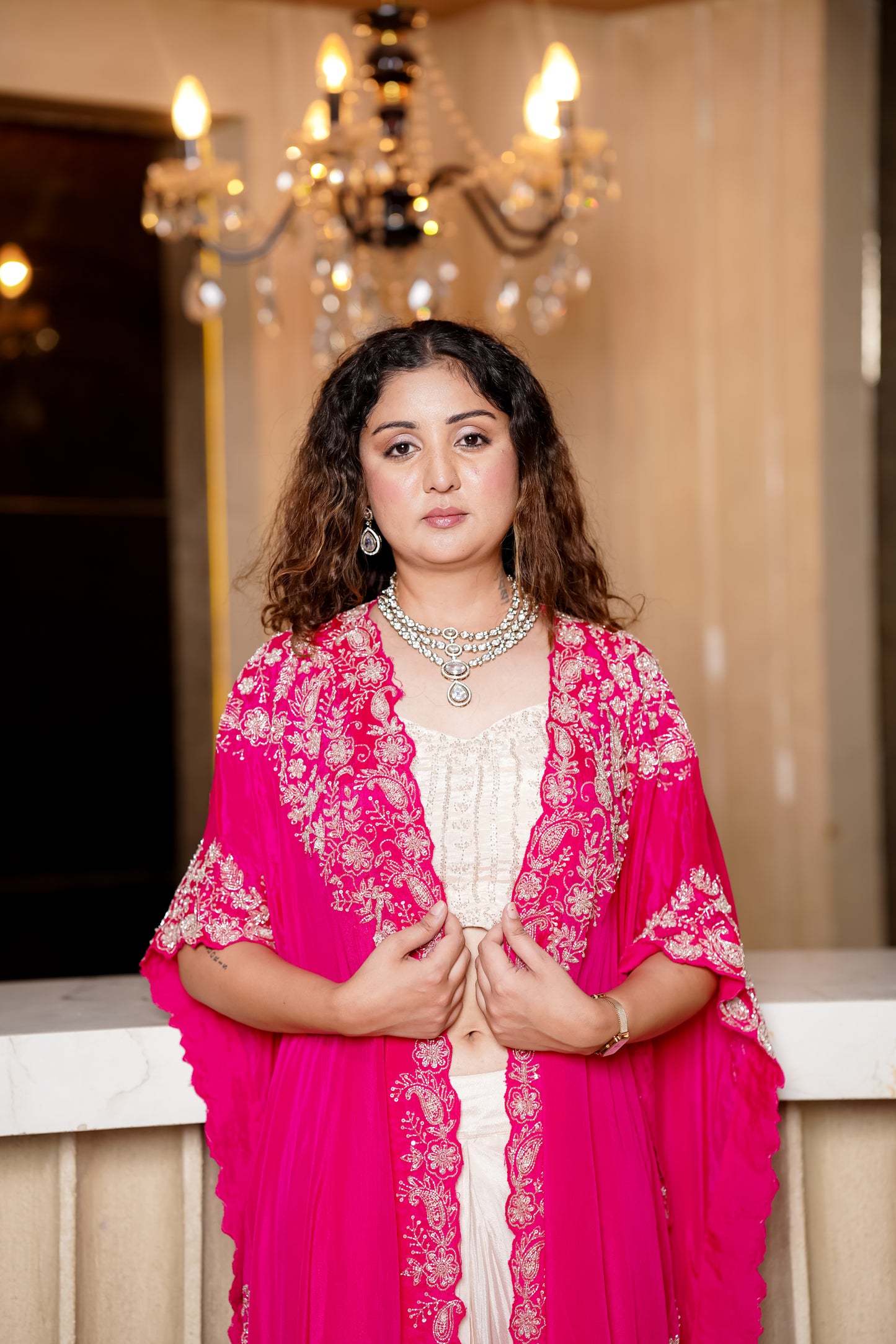 Fusion Set With Contrast Fuchsia Cape With Heavy Hand Embroidery