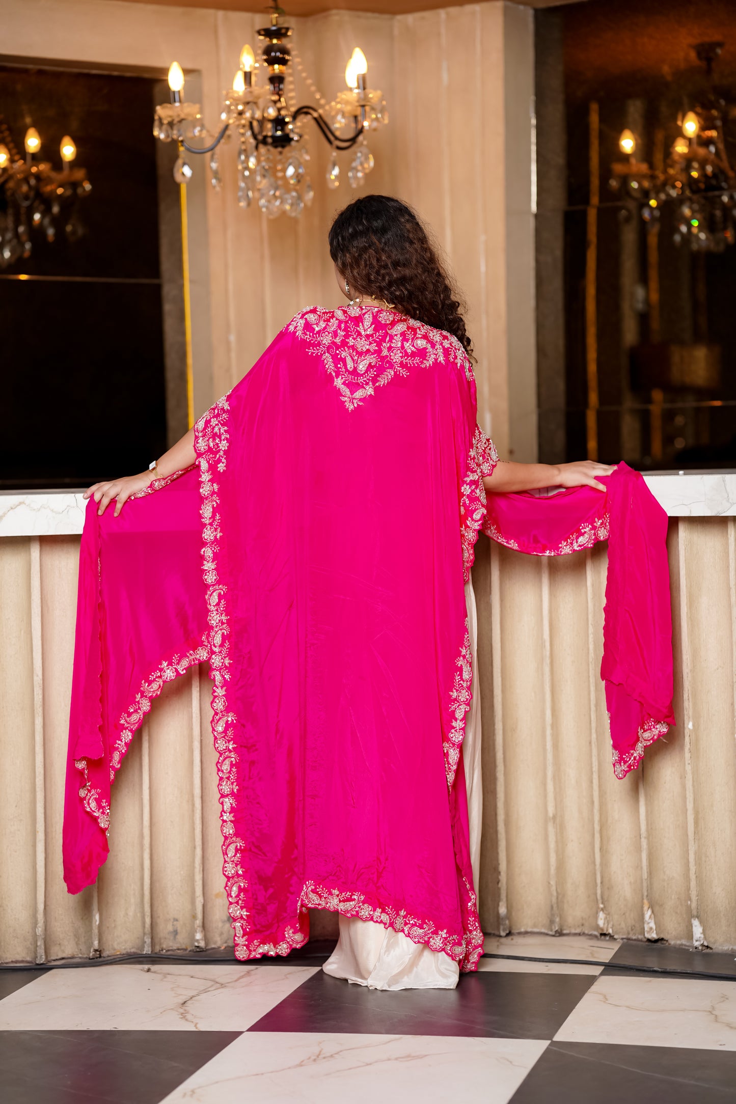 Fusion Set With Contrast Fuchsia Cape With Heavy Hand Embroidery