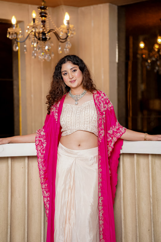 Fusion Set With Contrast Fuchsia Cape With Heavy Hand Embroidery