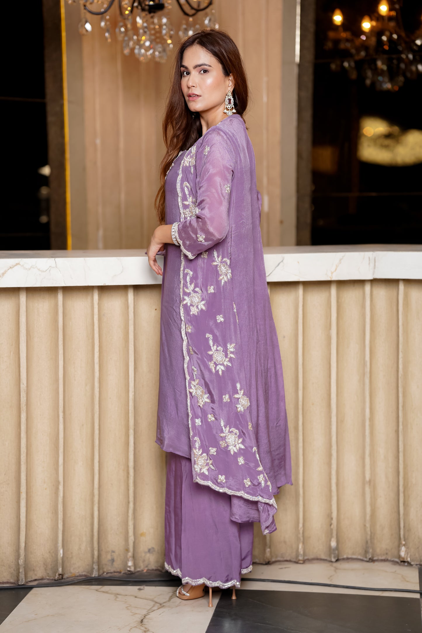 Mauve Purple Suit With Embroidered Cape