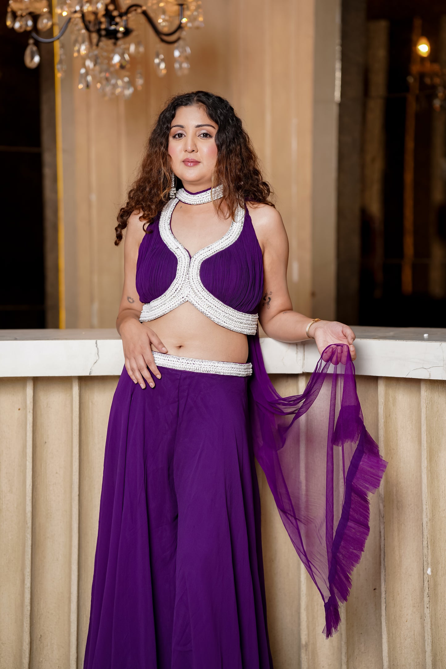 Purple Halter Neck Sharara With Beaded Embroidery