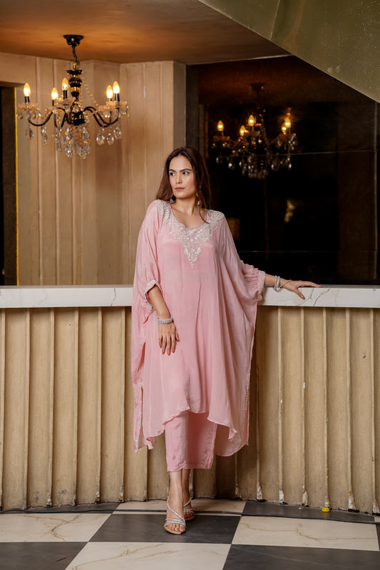 Powder Pink Fusion Set With Intricate Hand Embroidery