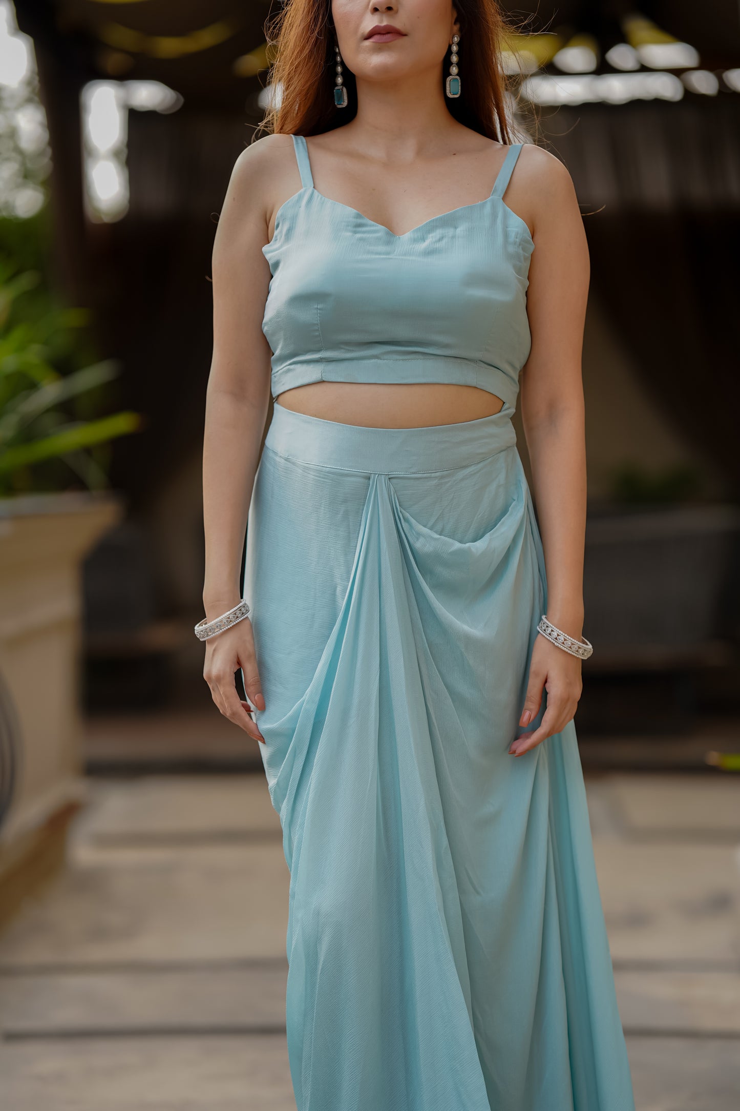 Powder Blue Fusion Set With Intricate Hand Embroidery In Chic Silhouette