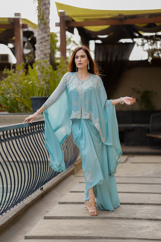 Powder Blue Fusion Set With Intricate Hand Embroidery In Chic Silhouette