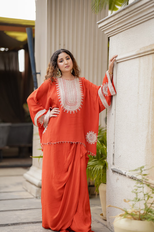 Rust Fusion Set With Intricate Beaded Hand Embroidery