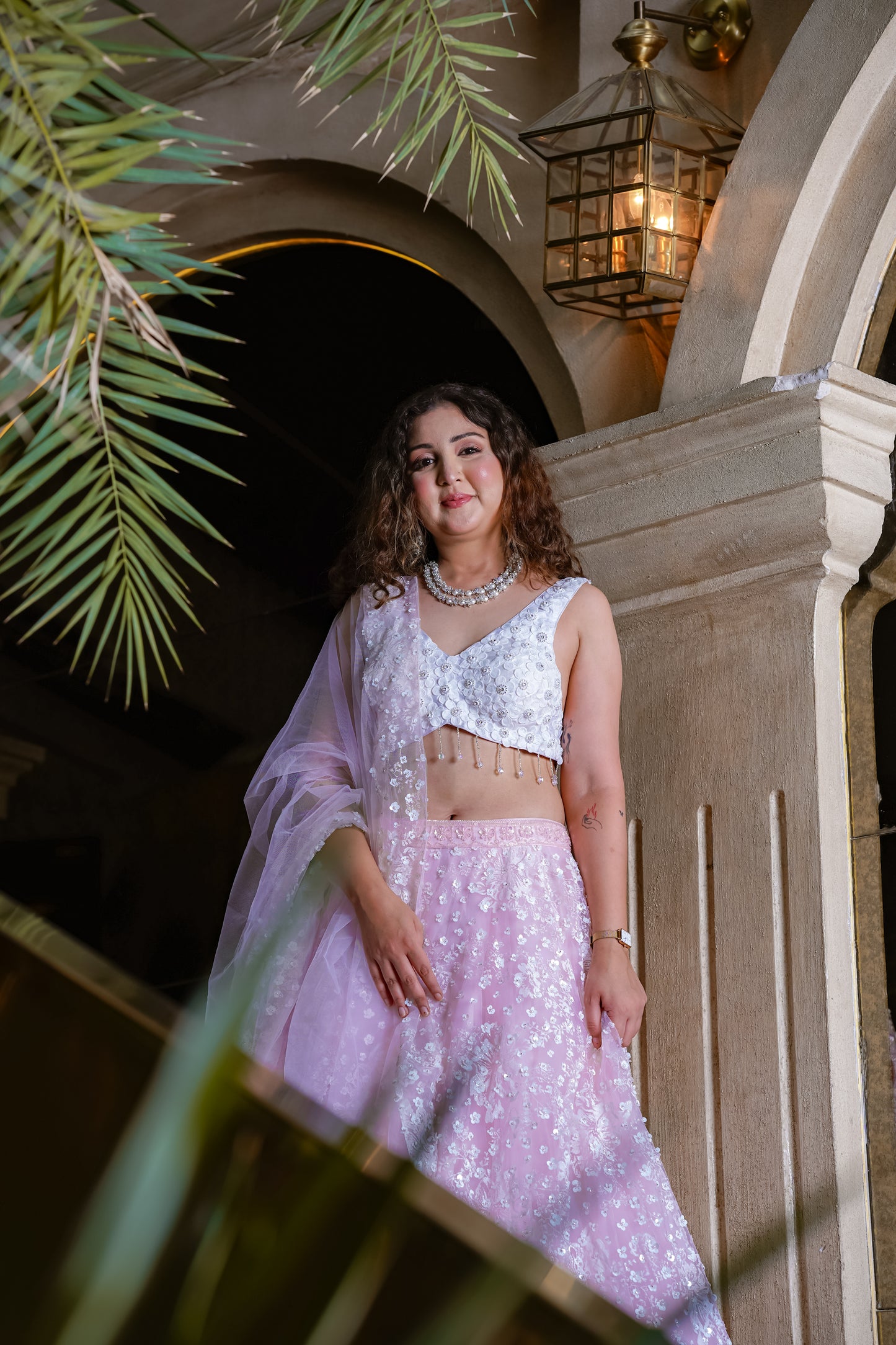 Powder Pink Pastel Net Lehenga With Floral Paintwork