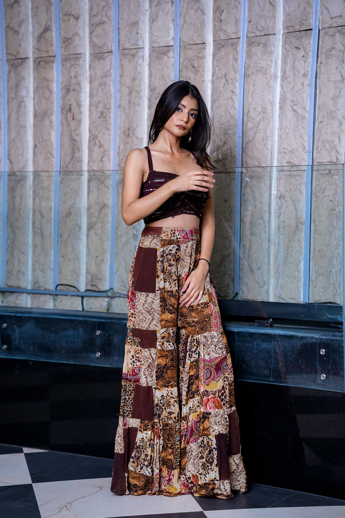 Printed Brown Sharara Set With Jacket