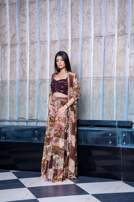 Printed Brown Sharara Set With Jacket