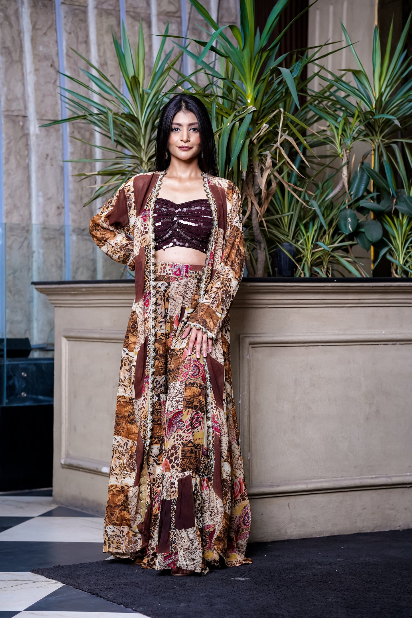 Printed Brown Sharara Set With Jacket