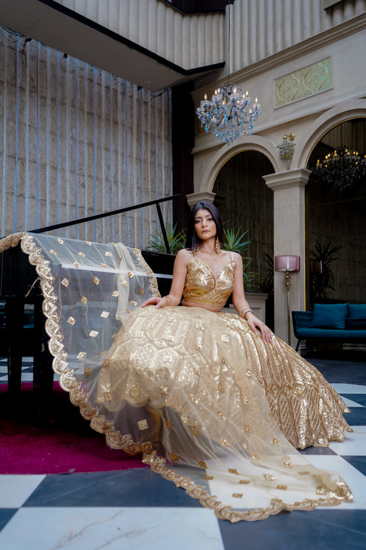 Golden Lehenga With Sequins And Dori Work